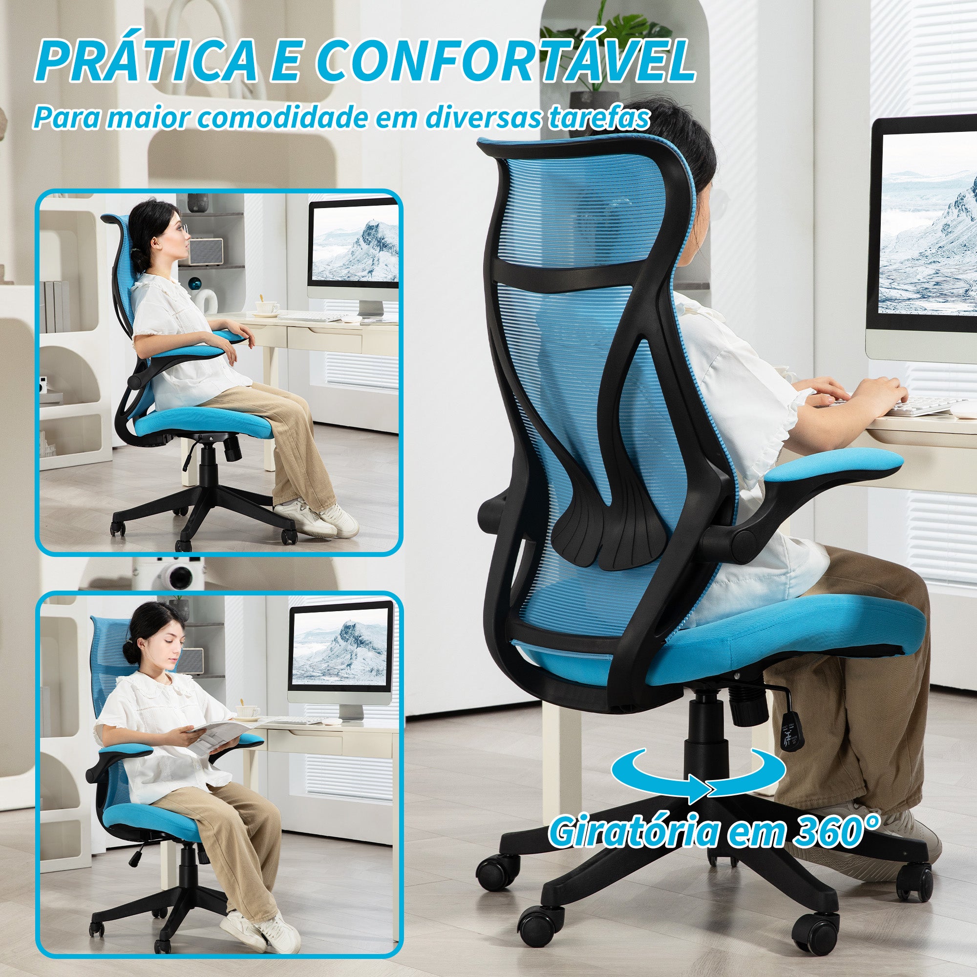 Cadeira de Escritório Azul Claro 66x66x113-121 cm com Altura Ajustável e Apoio para Braços Dobráveis