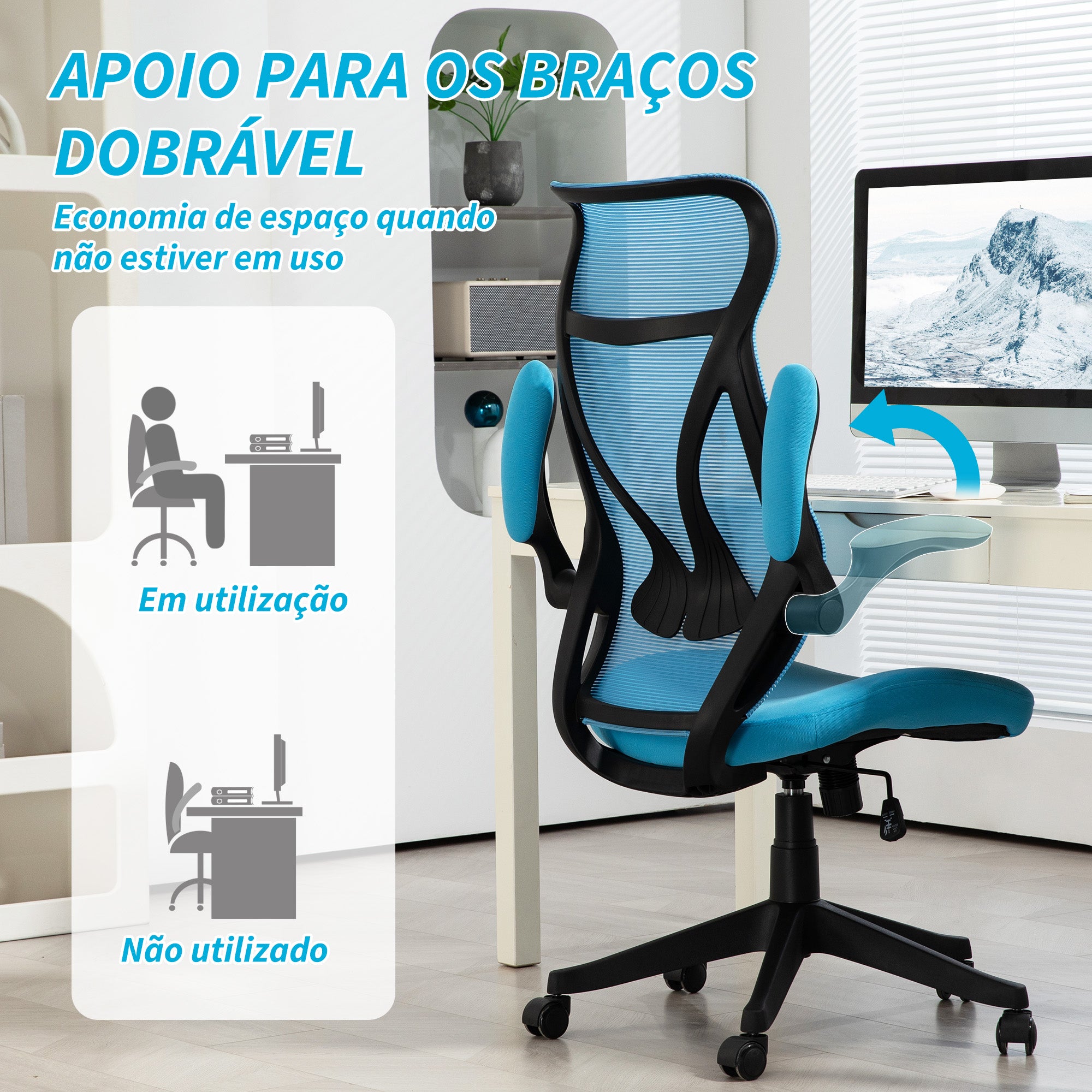 Cadeira de Escritório Azul Claro 66x66x113-121 cm com Altura Ajustável e Apoio para Braços Dobráveis
