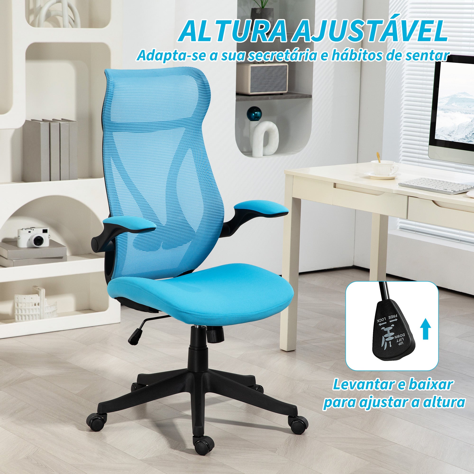 Cadeira de Escritório Azul Claro 66x66x113-121 cm com Altura Ajustável e Apoio para Braços Dobráveis