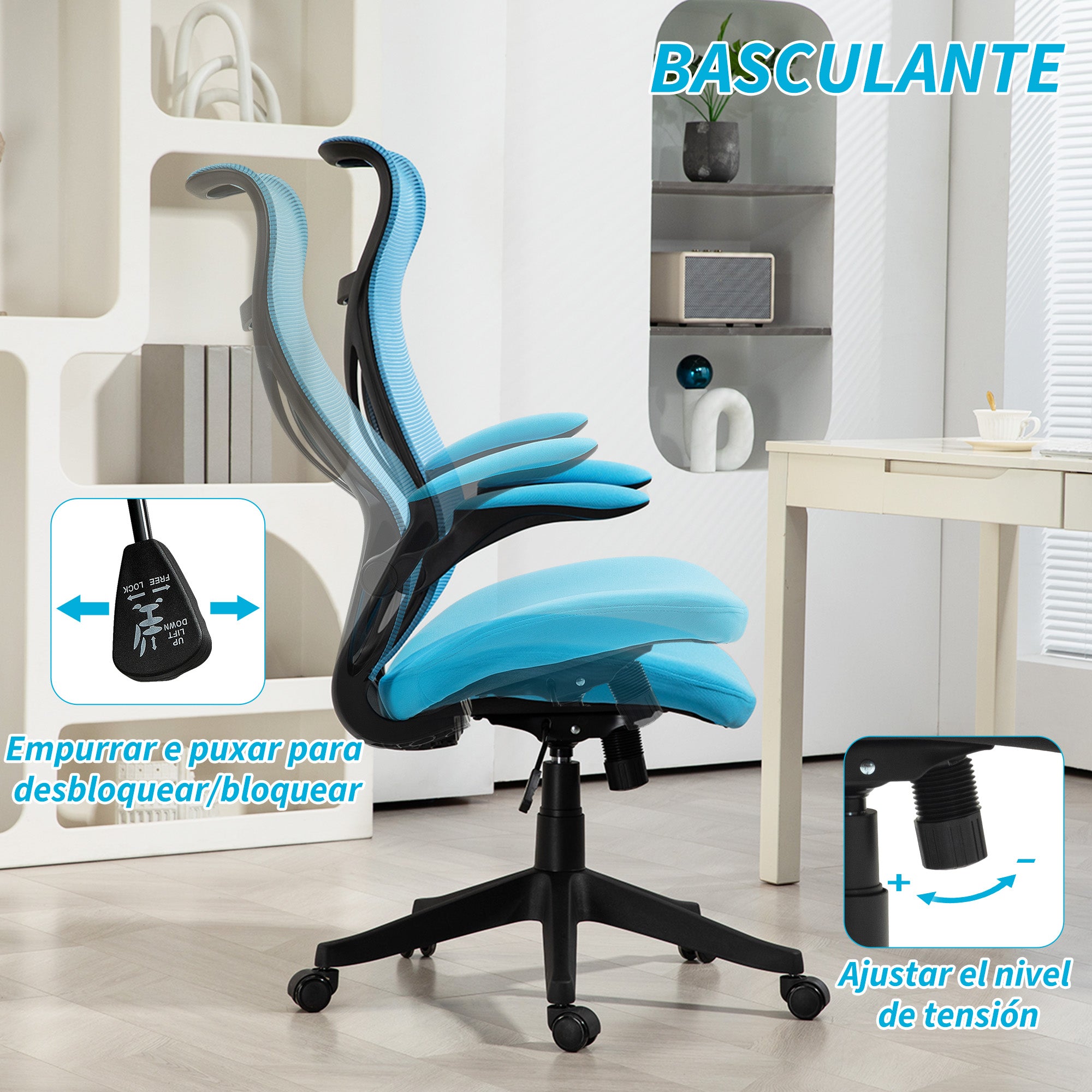 Cadeira de Escritório Azul Claro 66x66x113-121 cm com Altura Ajustável e Apoio para Braços Dobráveis