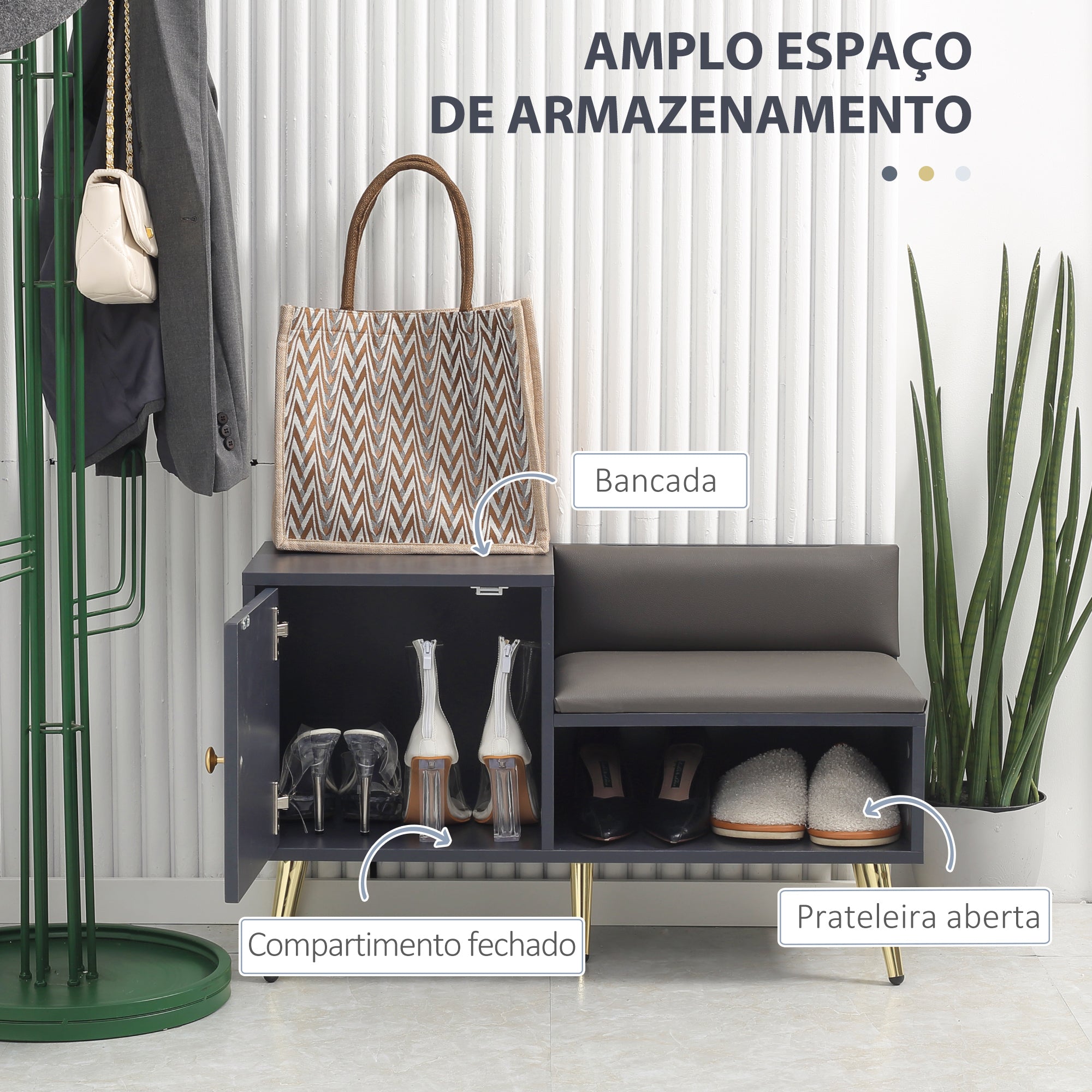 Banco Sapateira com Compartimento Aberto e Almofada Acolchoada 80x33x49 cm Cinza Escuro