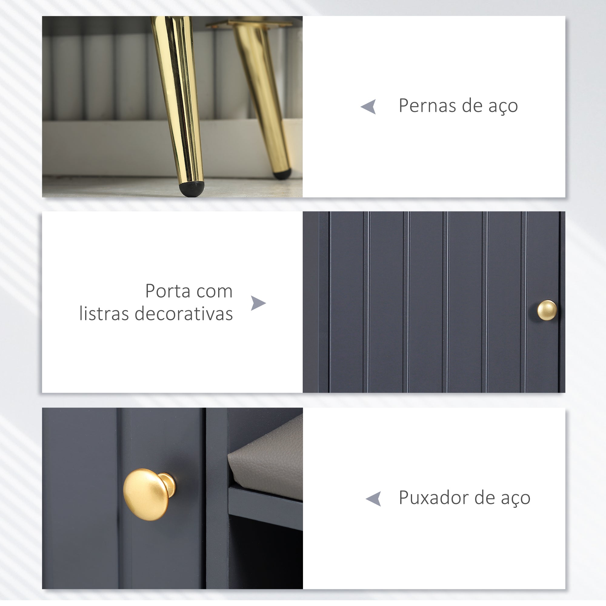 Banco Sapateira com Compartimento Aberto e Almofada Acolchoada 80x33x49 cm Cinza Escuro