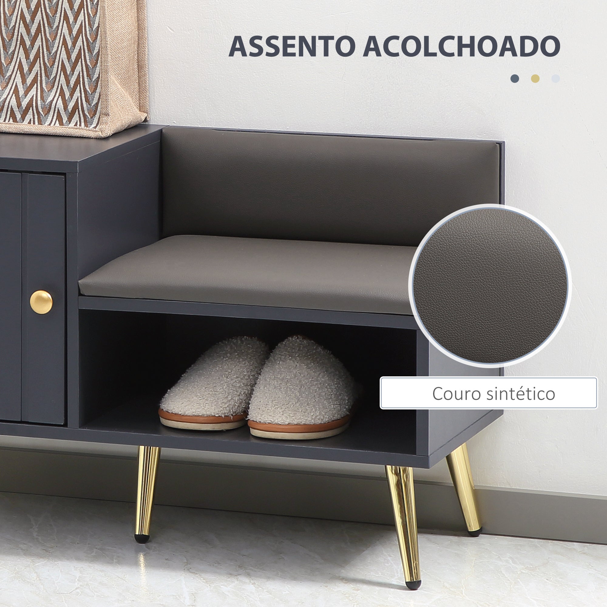 Banco Sapateira com Compartimento Aberto e Almofada Acolchoada 80x33x49 cm Cinza Escuro