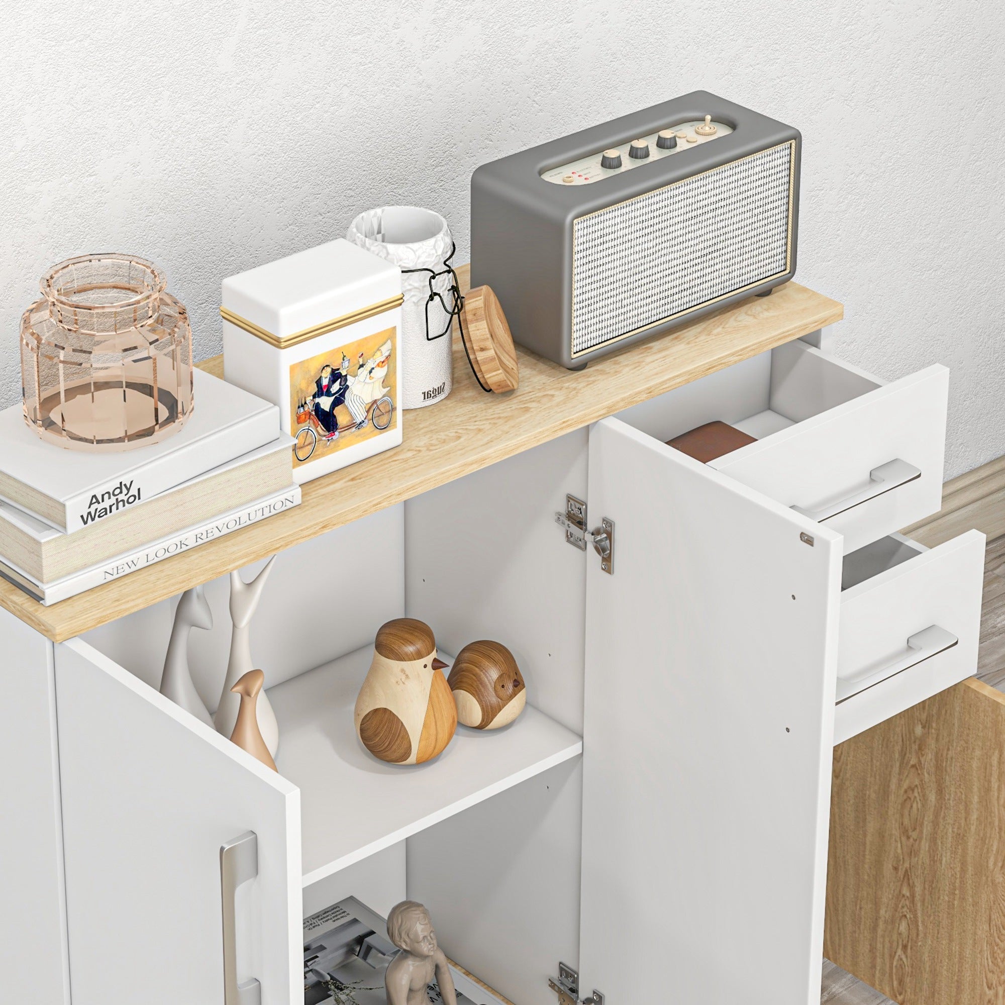 Aparador Moderno com 90x30x75,5 cm - Branco e Madeira