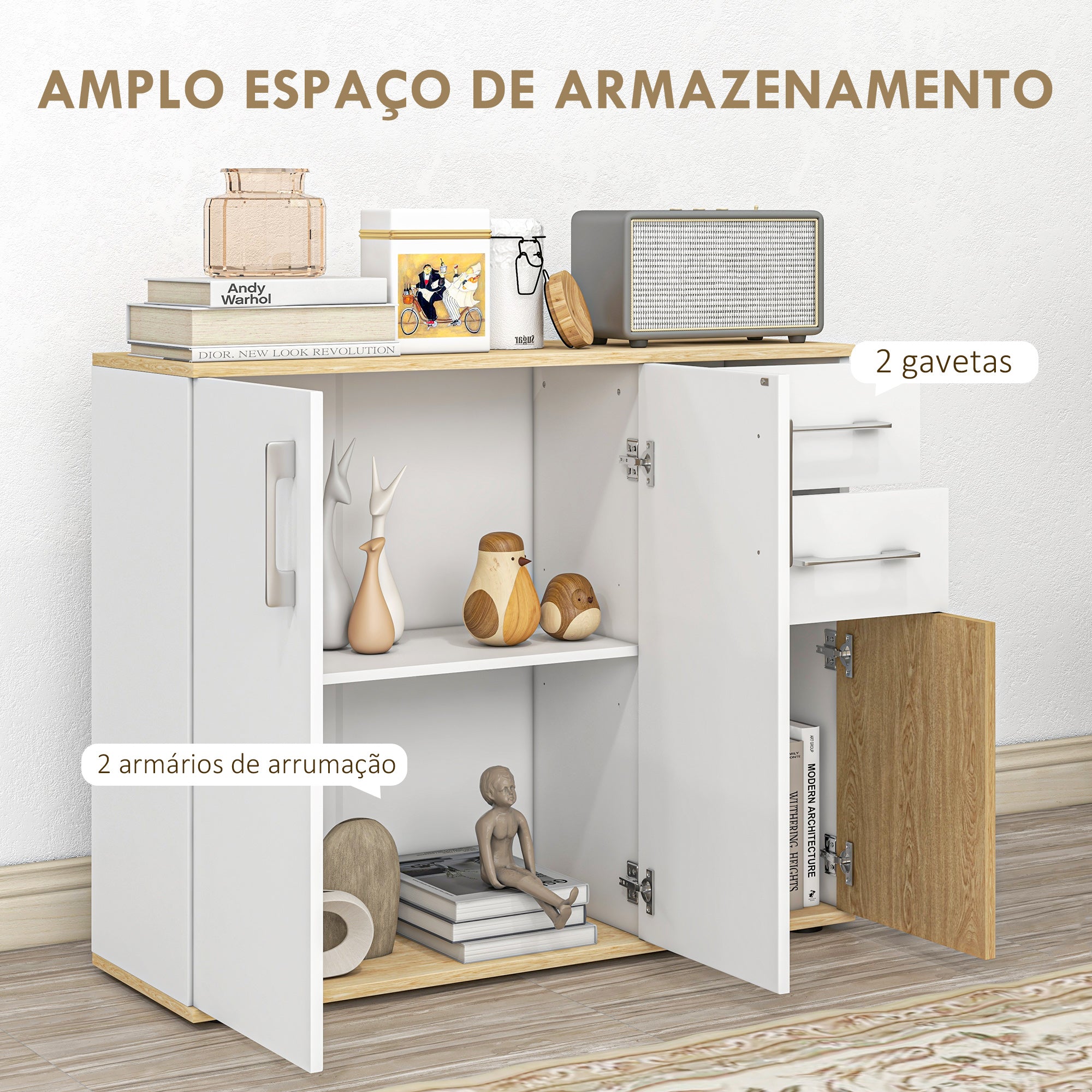Aparador Moderno com 90x30x75,5 cm - Branco e Madeira