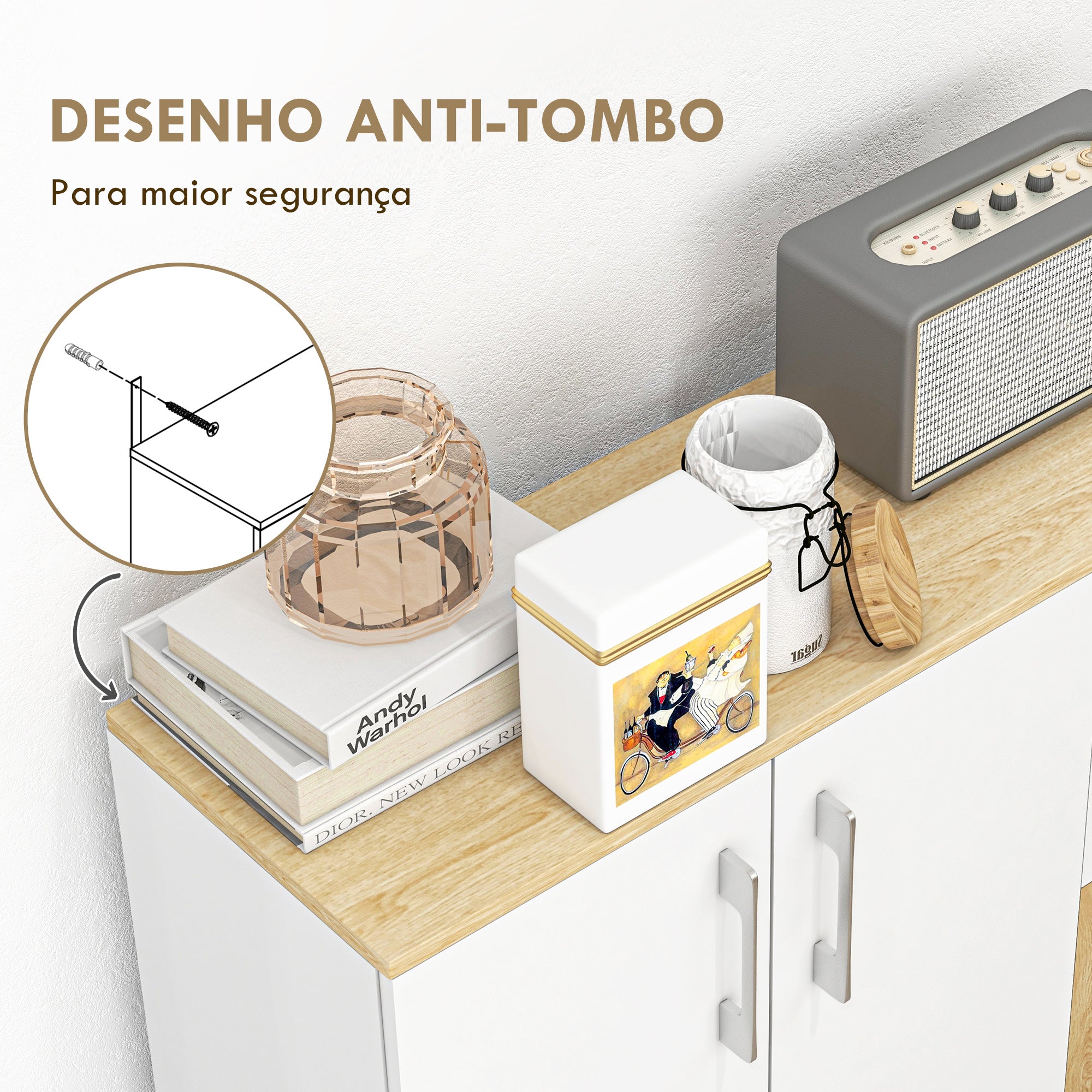 Aparador Moderno com 90x30x75,5 cm - Branco e Madeira