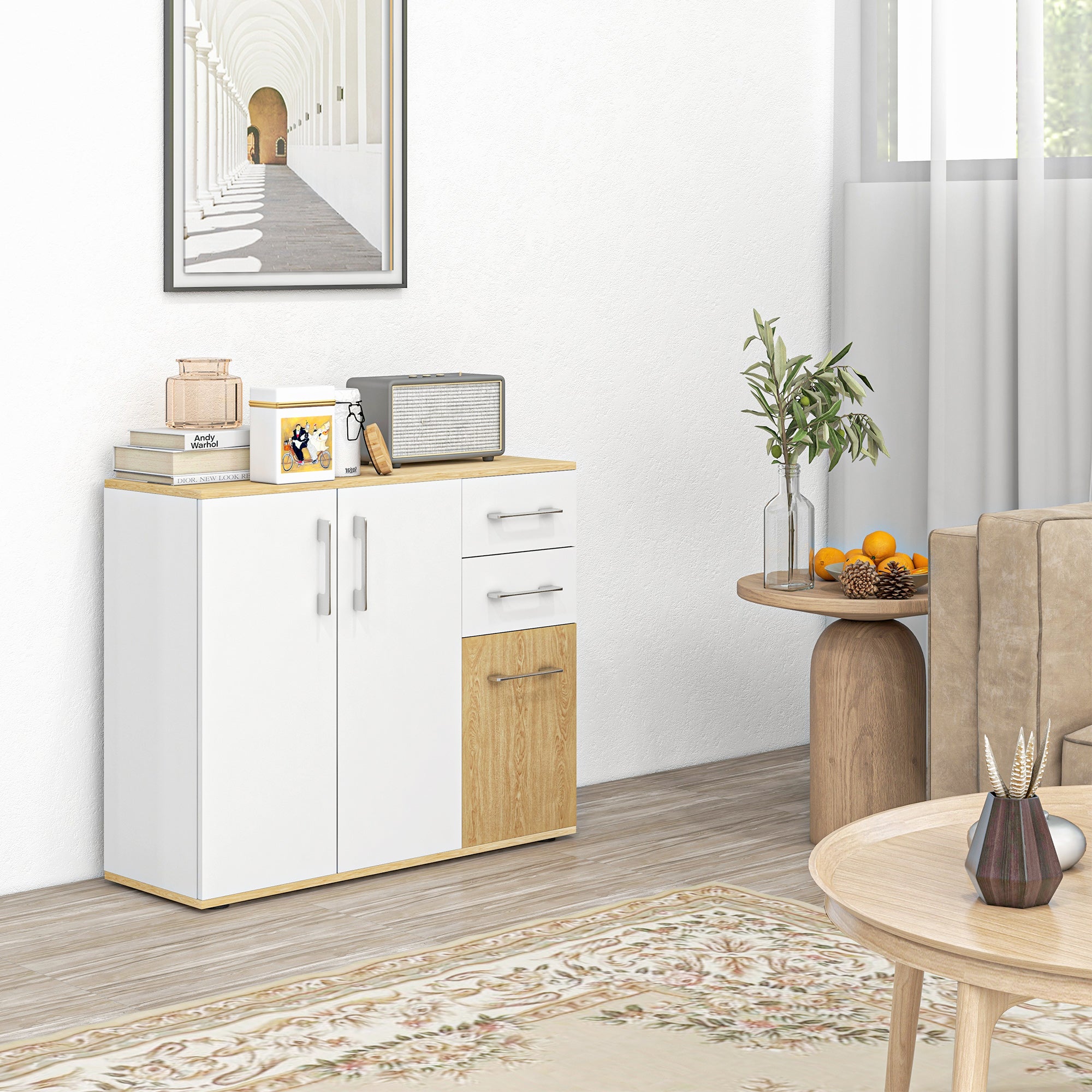 Aparador Moderno com 90x30x75,5 cm - Branco e Madeira