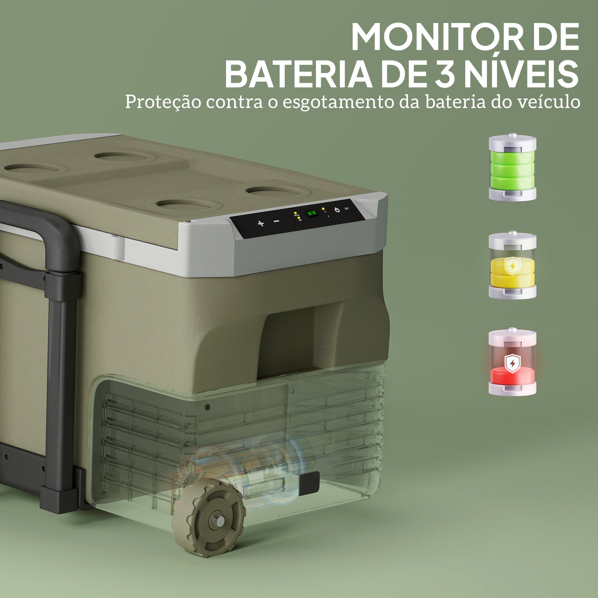 Geleira Portátil Elétrica 30L - Cinzento e Verde 61x39x41,5 cm