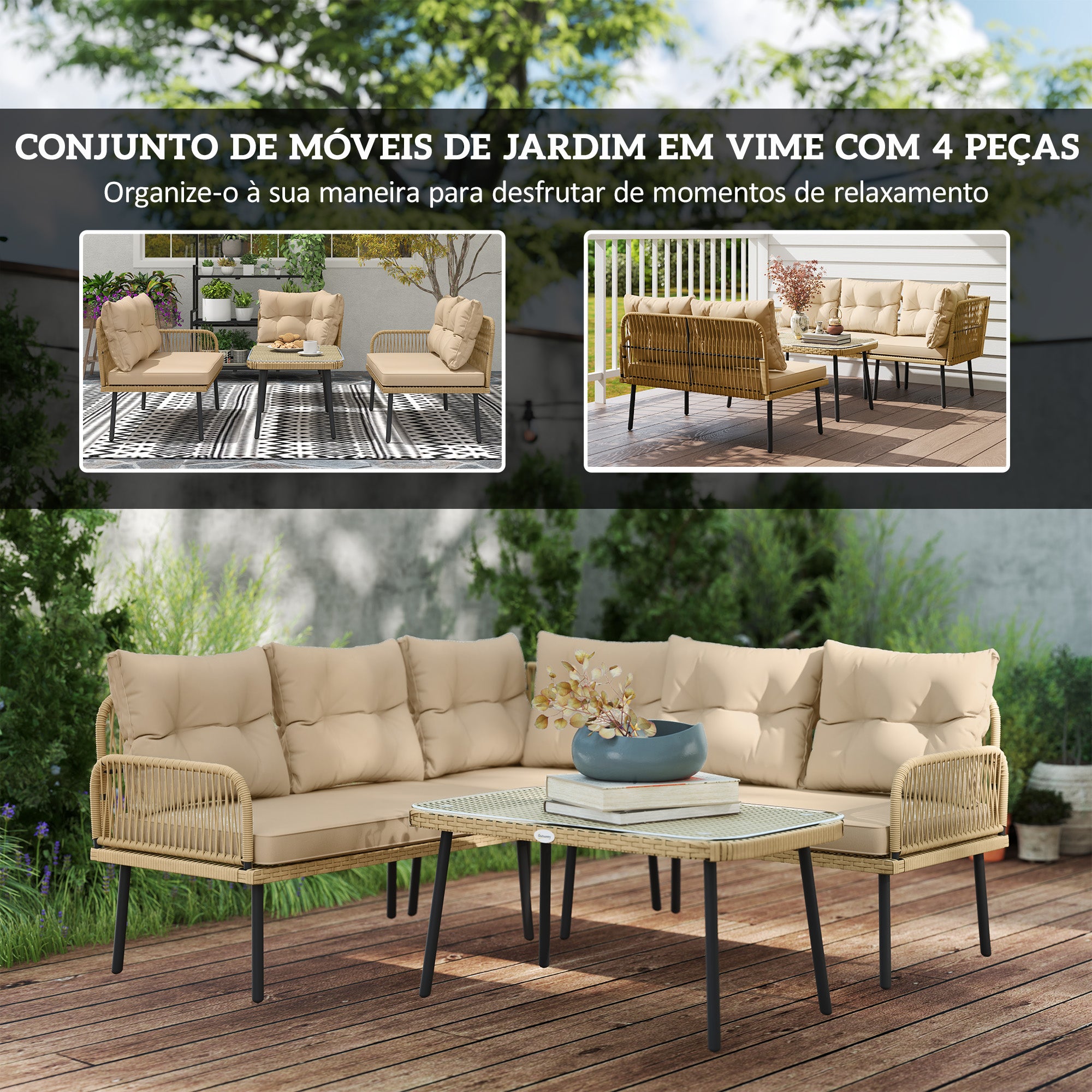 Conjunto de Jardim de Vime Sintético 4 Peças - Madeira e Bege 100x68x74 cm