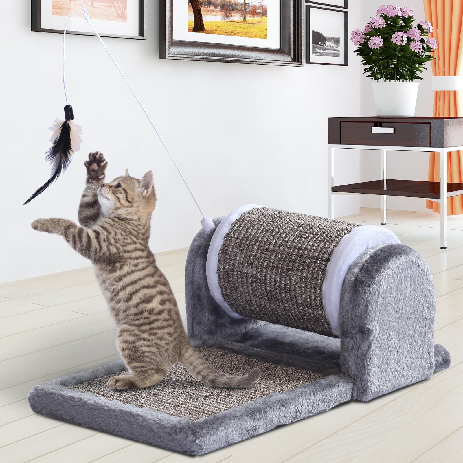 Arranhador para Gatos com Rolo de Sisal 45x25x16 cm - Cinza e Branco