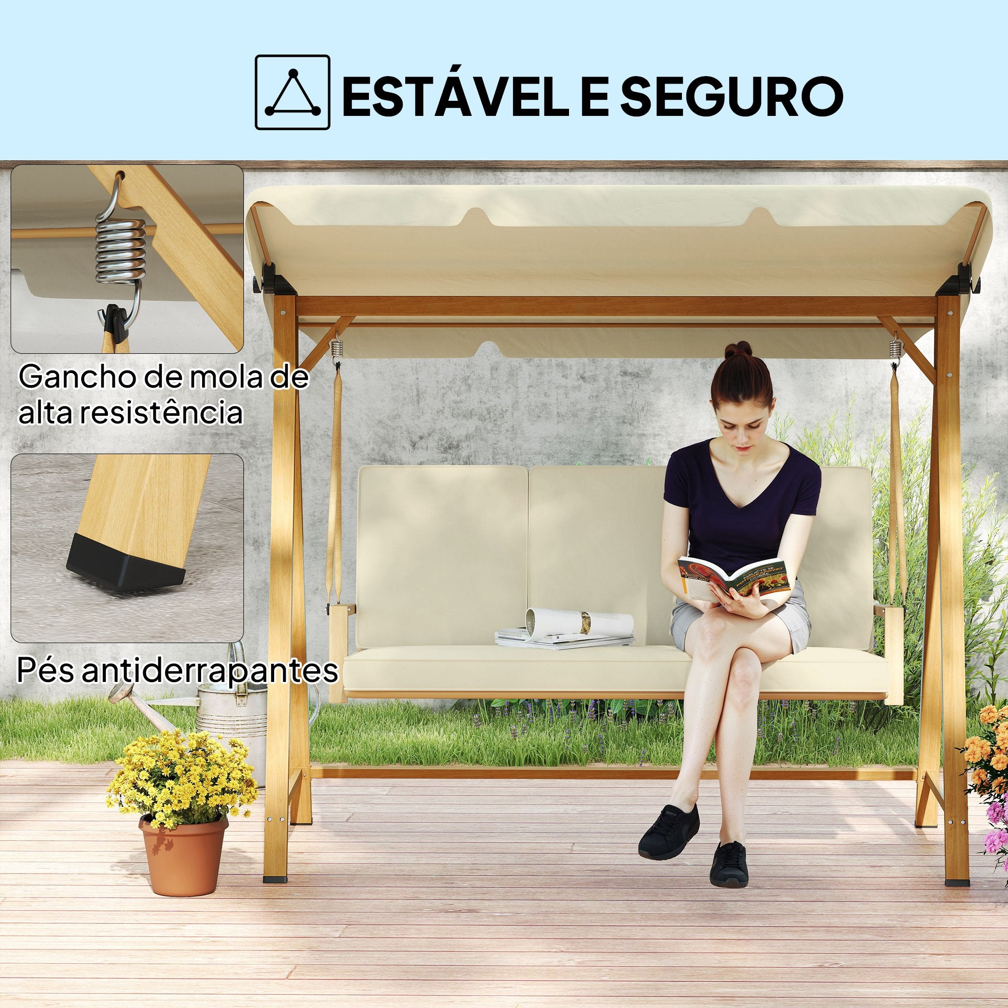 Baloiço de Jardim 3 Lugares Madeira e Creme 195x120x170 cm