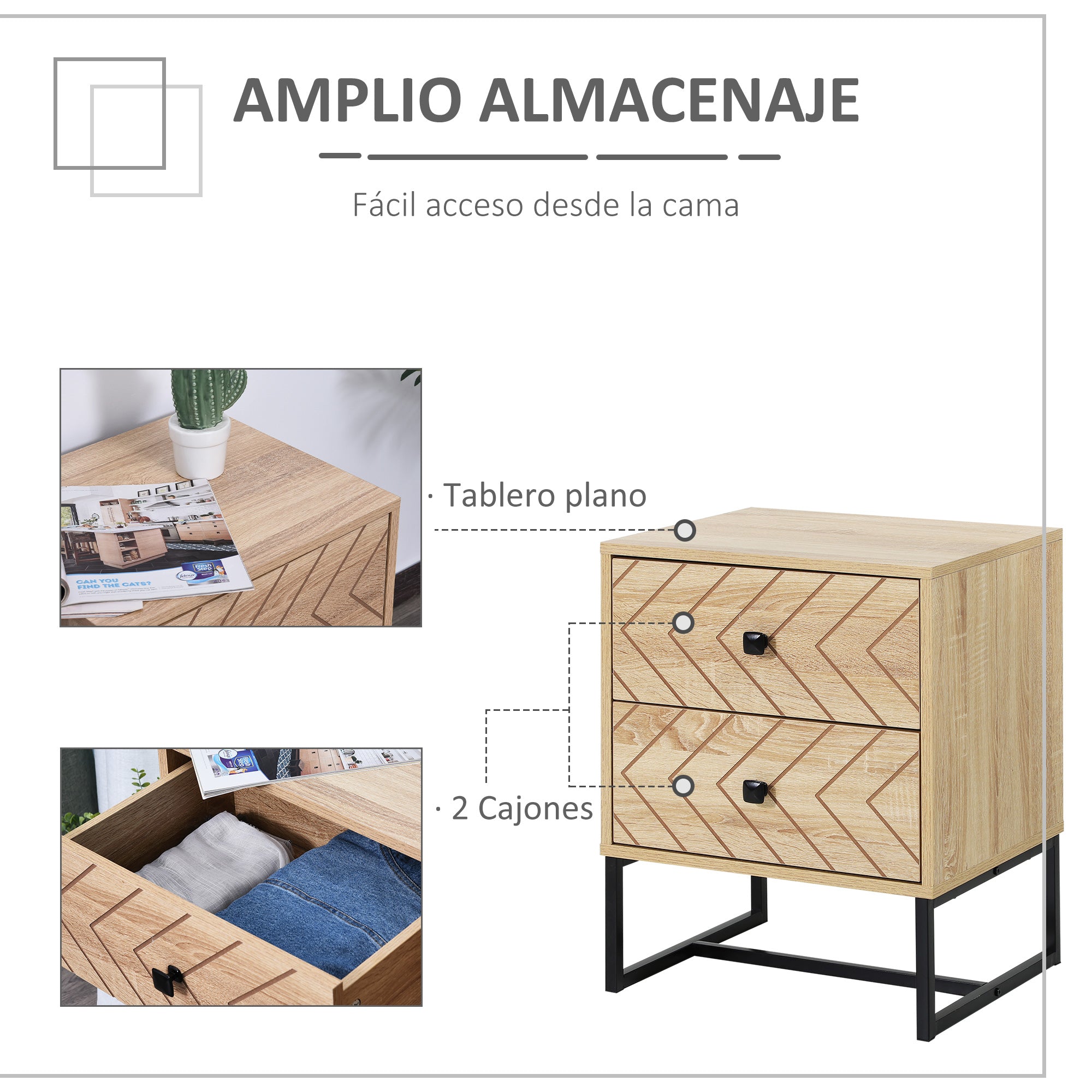 Cômoda de Madeira da Mesa de Cabeceira 48x39,5x60 cm - Cor Natural
