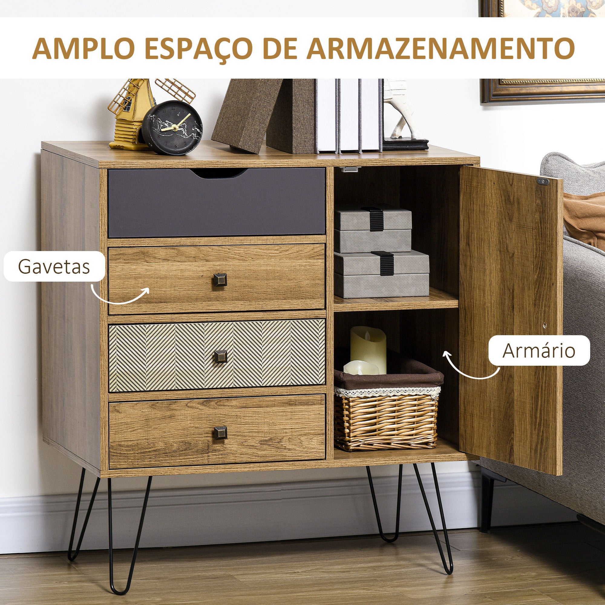 Cómoda de Madeira Marrom 79x39x86cm com Gavetas e Porta