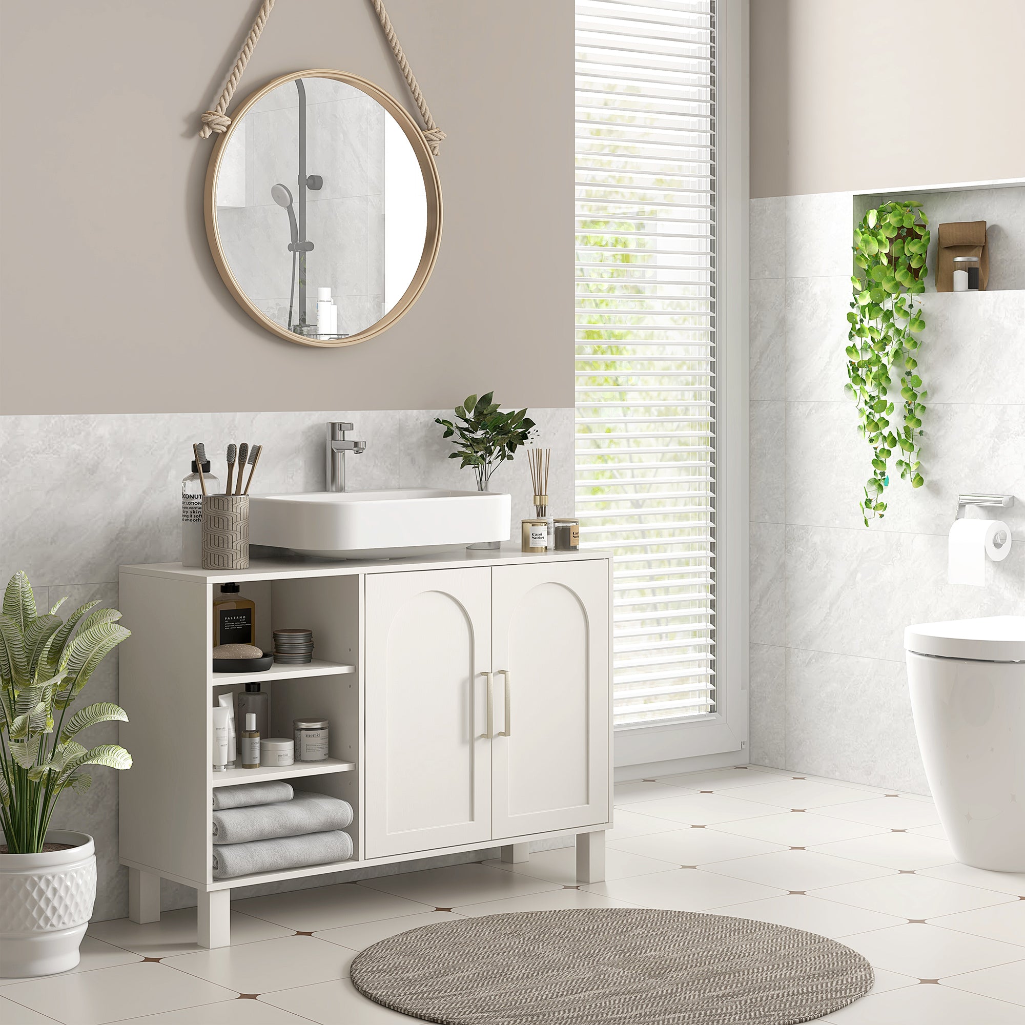 Móvel para Lavatório Suspenso Moderno – 90x30x63 cm – Creme Branco – MDF