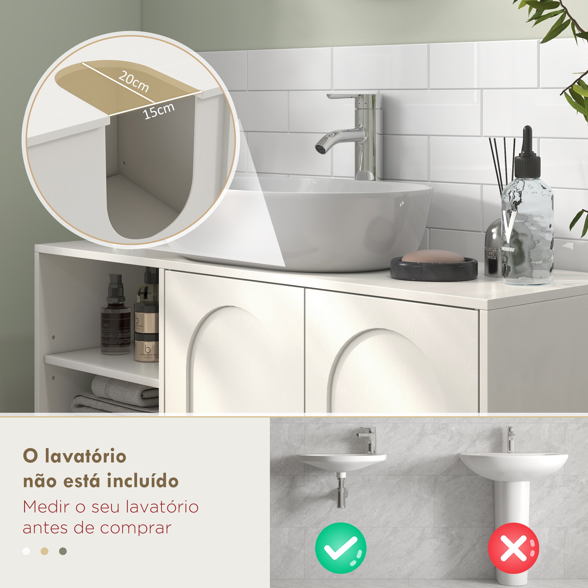 Móvel para Lavatório Suspenso Moderno – 90x30x63 cm – Creme Branco – MDF
