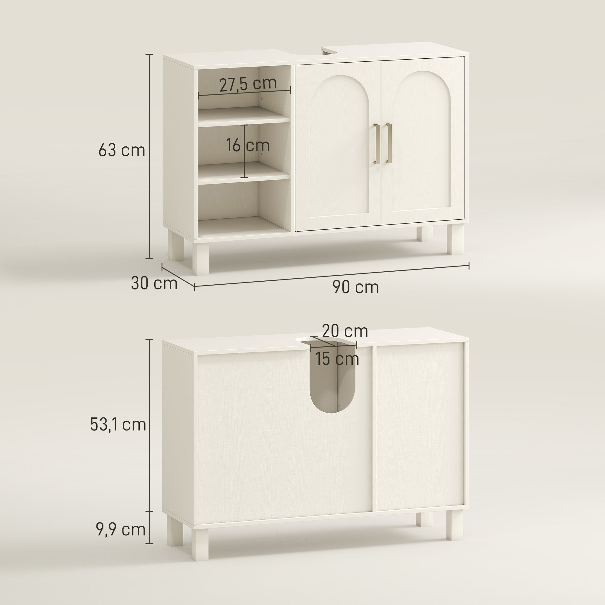 Móvel para Lavatório Suspenso Moderno – 90x30x63 cm – Creme Branco – MDF