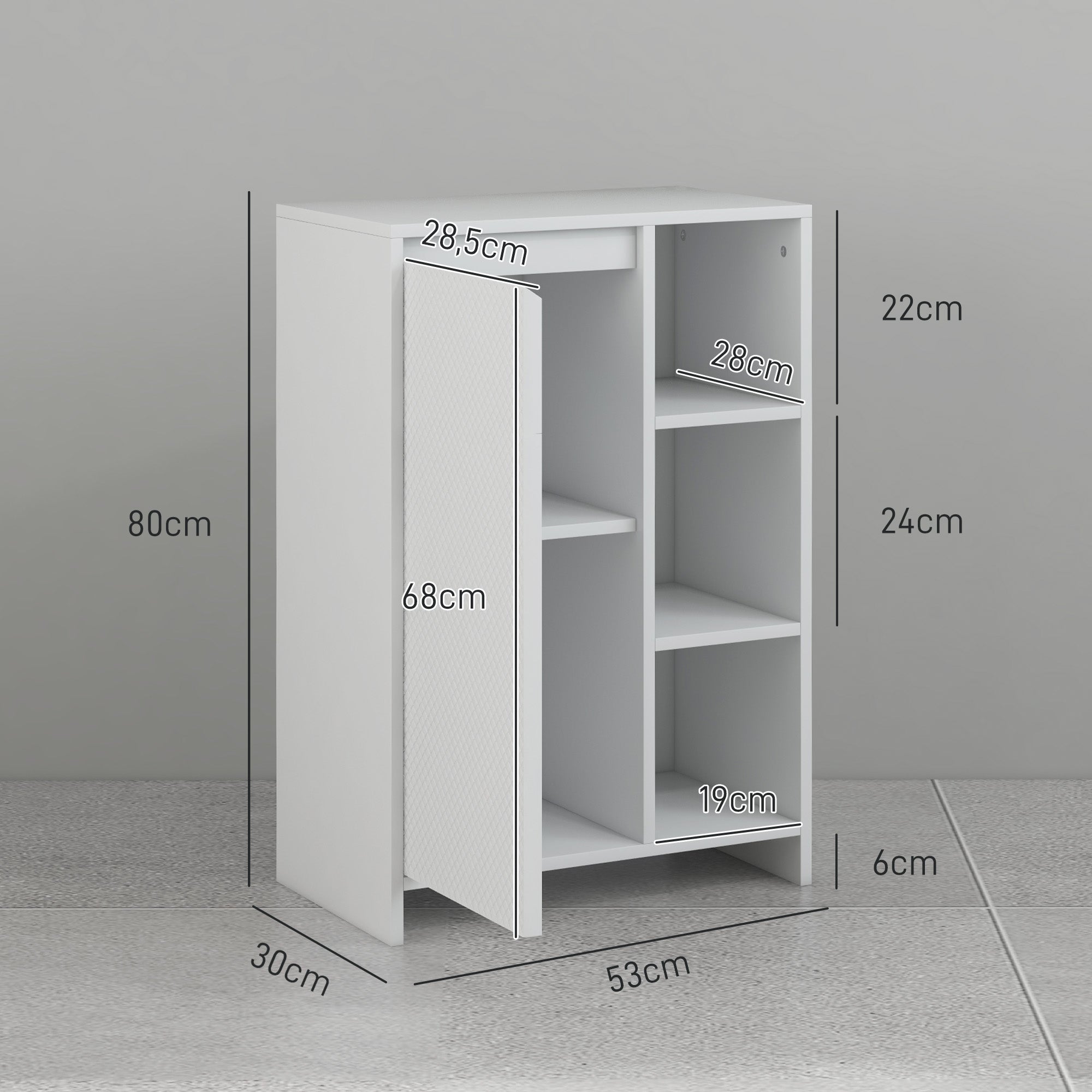 Armário Casa de Banho com Prateleiras Abertas e Porta Ajustável 53x30x80 cm - Branco