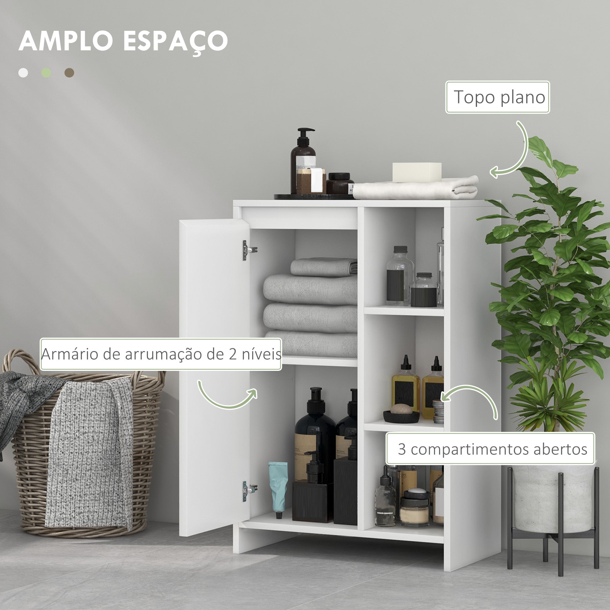 Armário Casa de Banho com Prateleiras Abertas e Porta Ajustável 53x30x80 cm - Branco