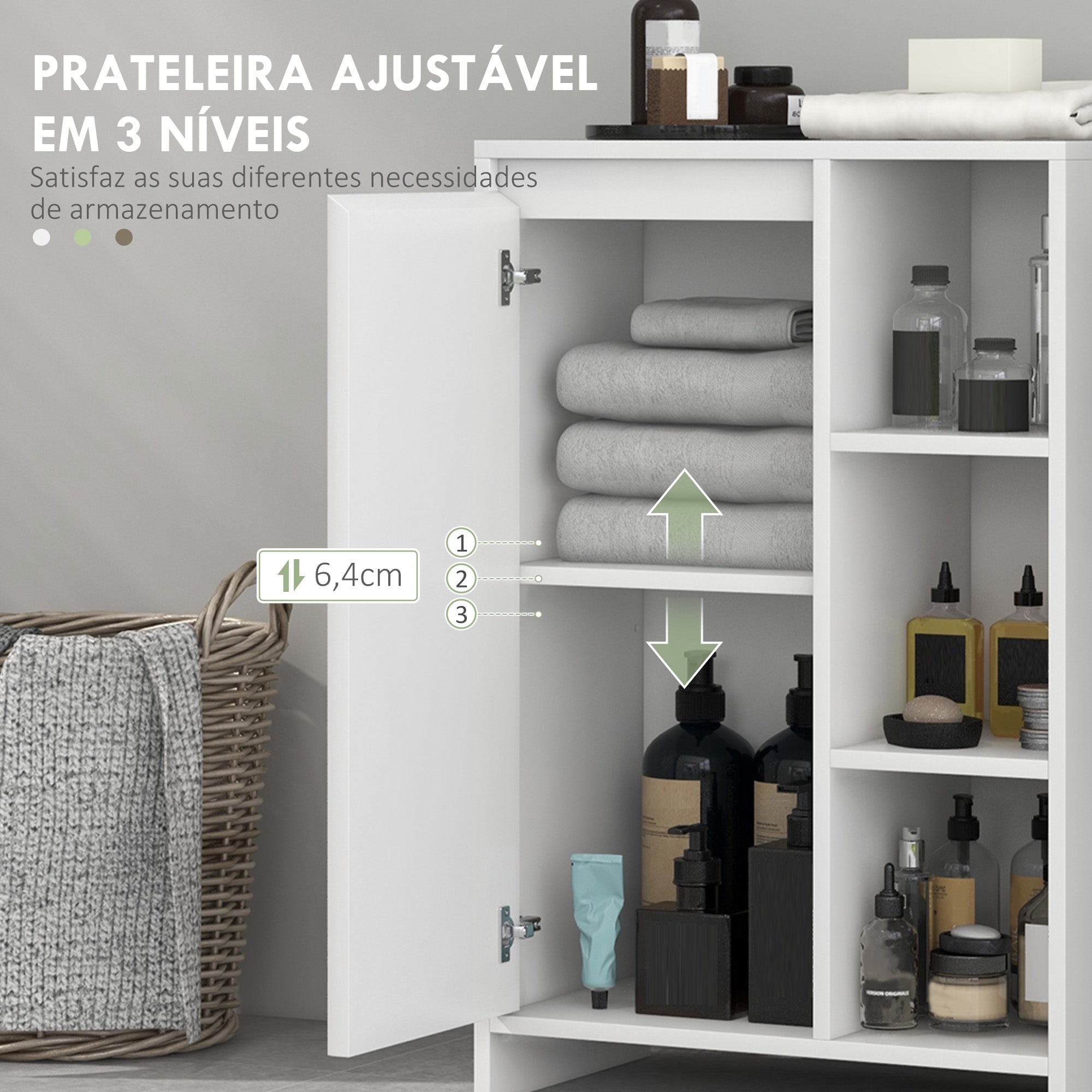 Armário Casa de Banho com Prateleiras Abertas e Porta Ajustável 53x30x80 cm - Branco