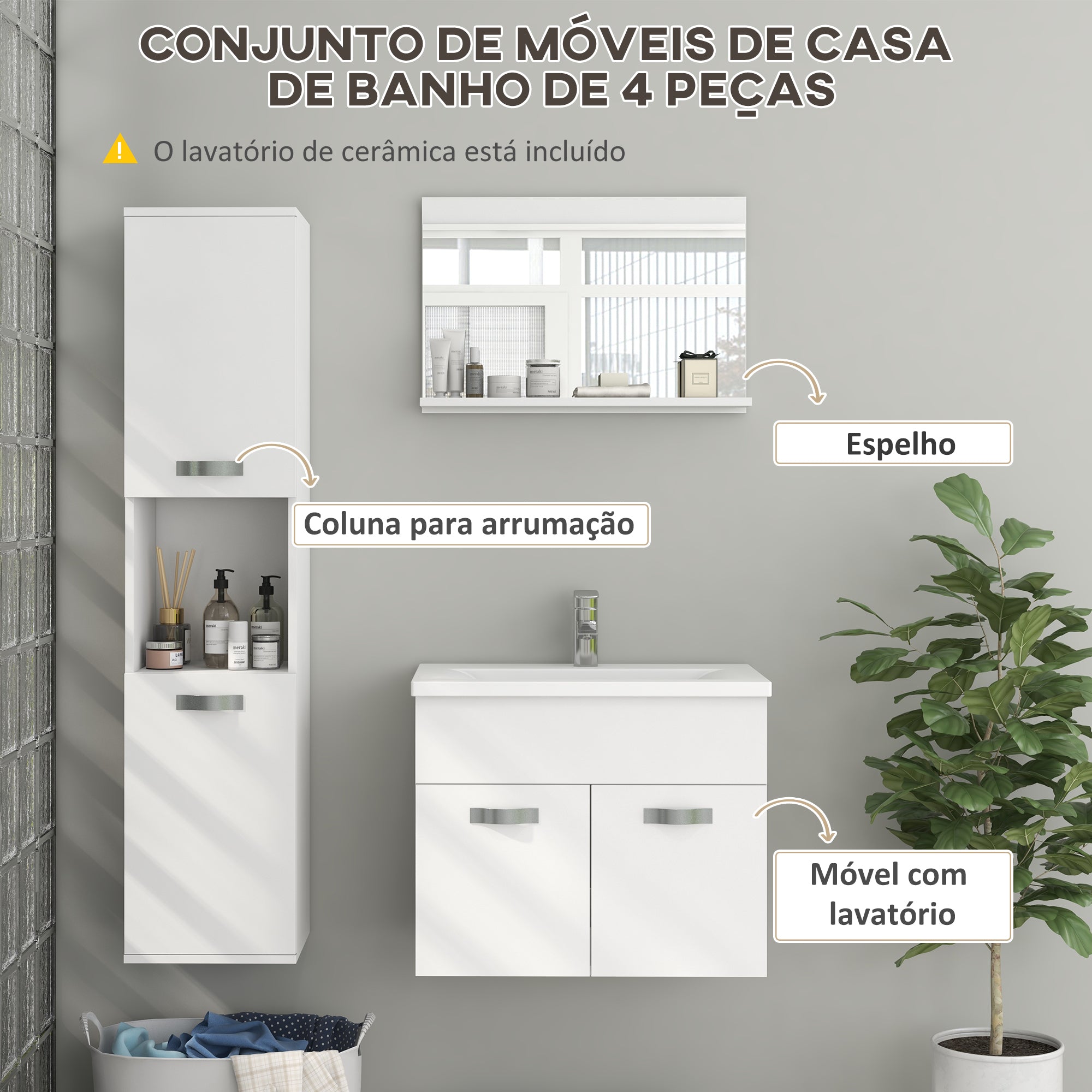 Conjunto de Móveis para Casa de Banho de Parede 3 Peças Branco 30x30x131,5 cm
