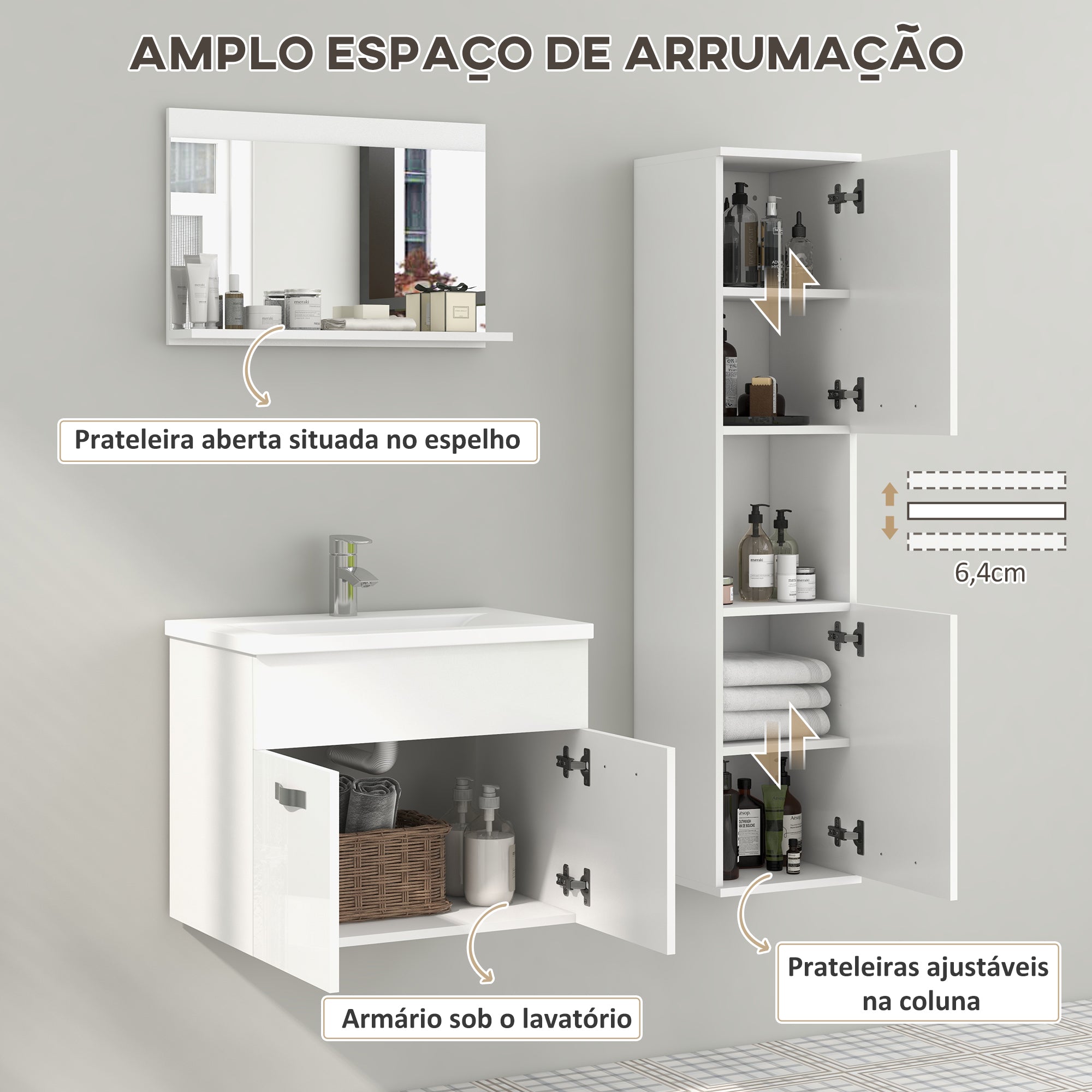 Conjunto de Móveis para Casa de Banho de Parede 3 Peças Branco 30x30x131,5 cm