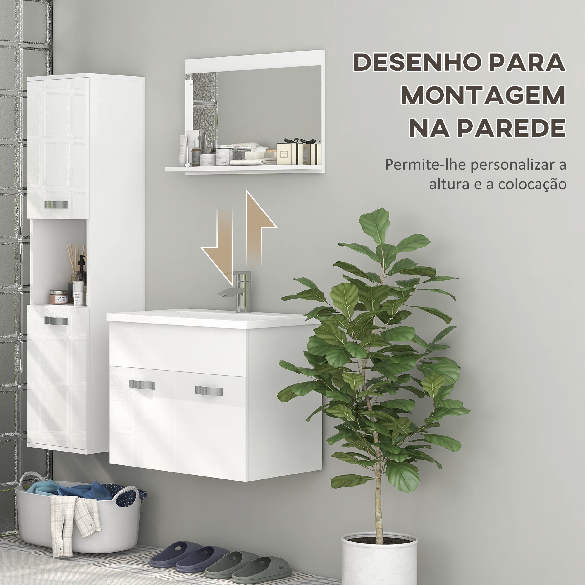 Conjunto de Móveis para Casa de Banho de Parede 3 Peças Branco 30x30x131,5 cm