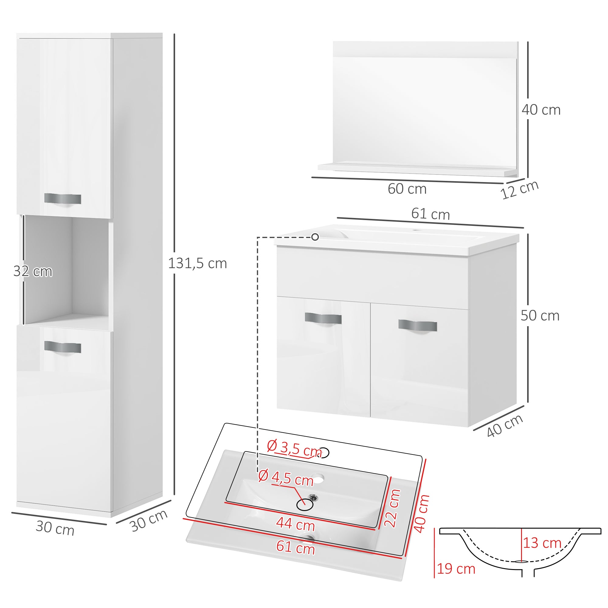 Conjunto de Móveis para Casa de Banho de Parede 3 Peças Branco 30x30x131,5 cm