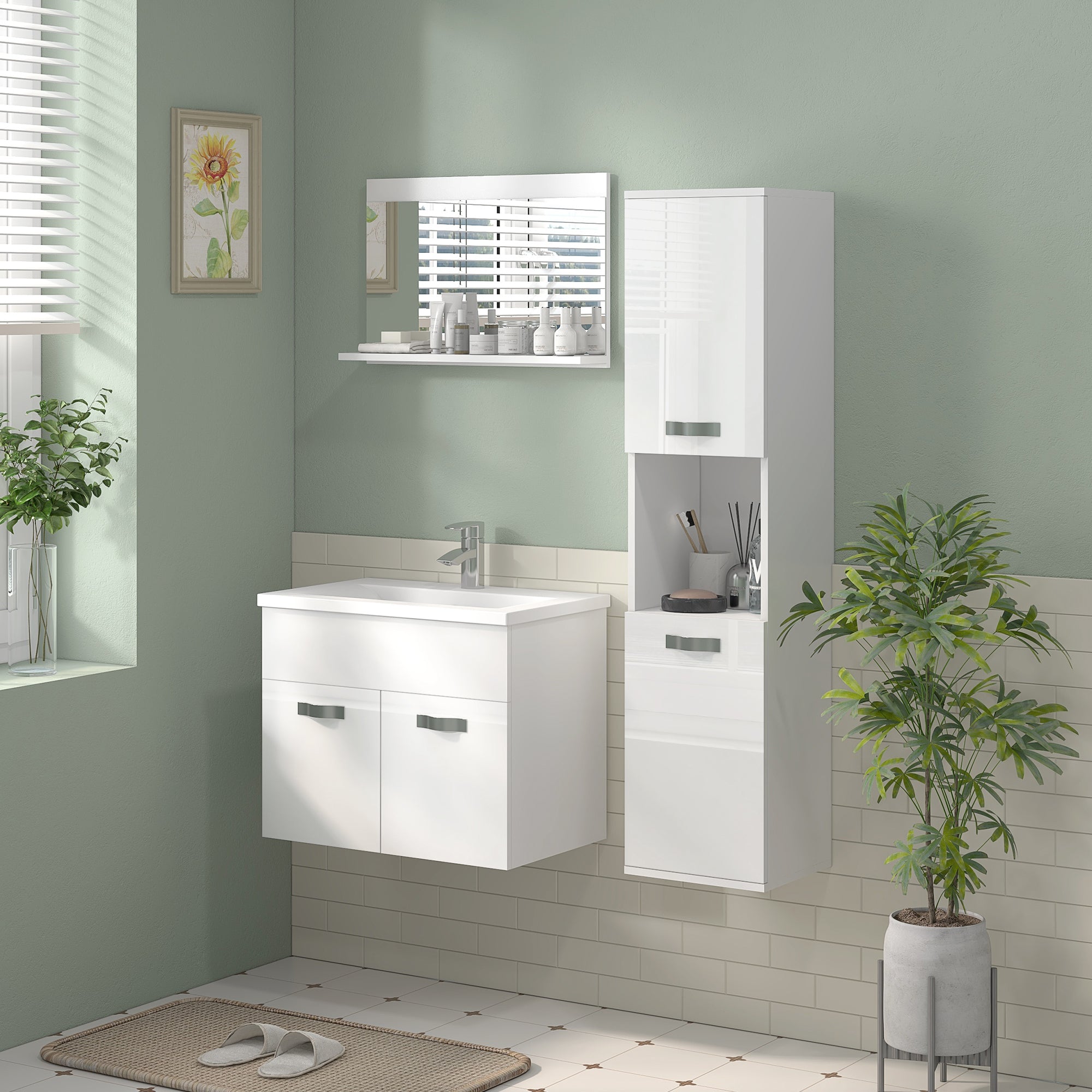 Conjunto de Móveis para Casa de Banho de Parede 3 Peças Branco 30x30x131,5 cm