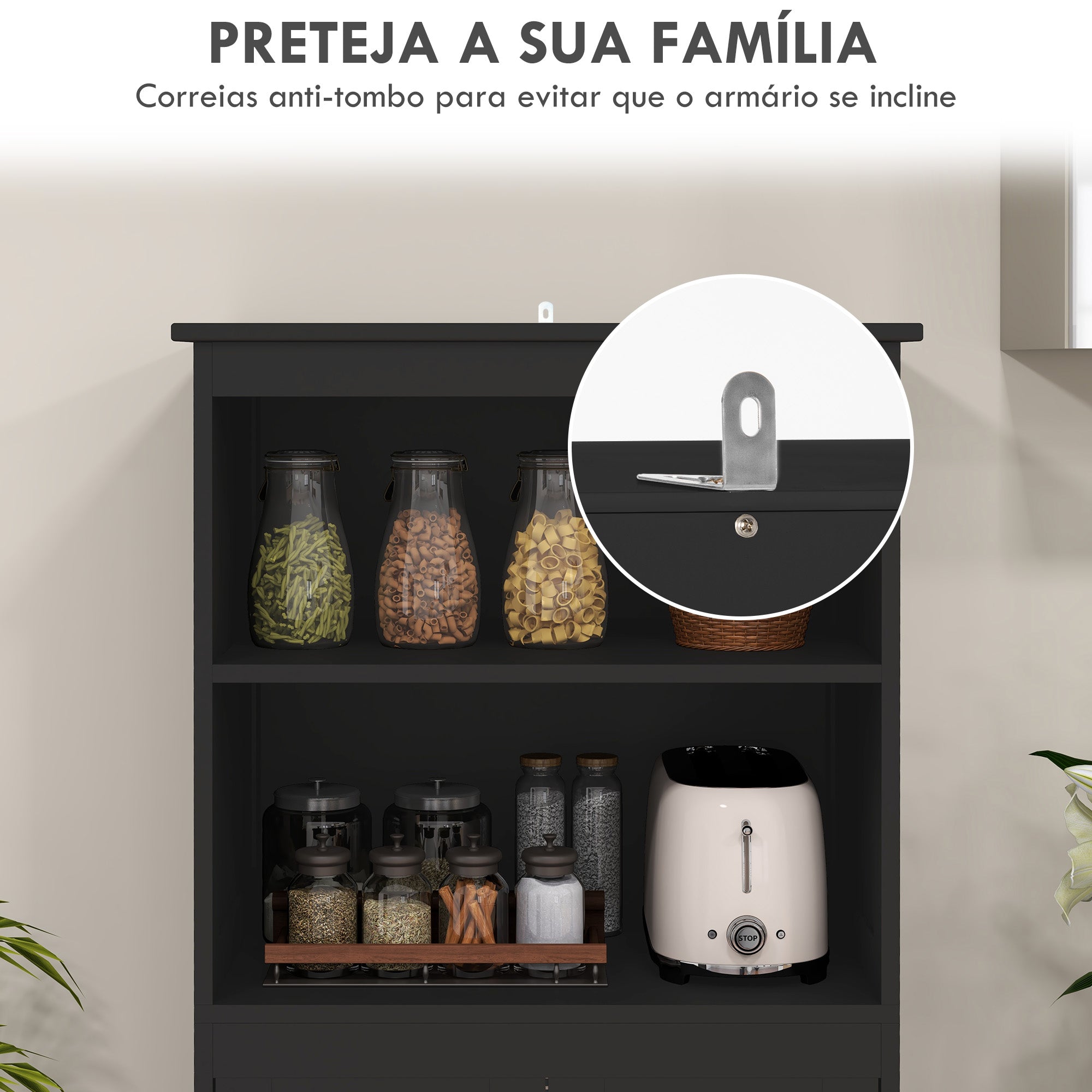 Armário de Cozinha com Portas de Vidro Temperado 60x30x162 cm - Preto