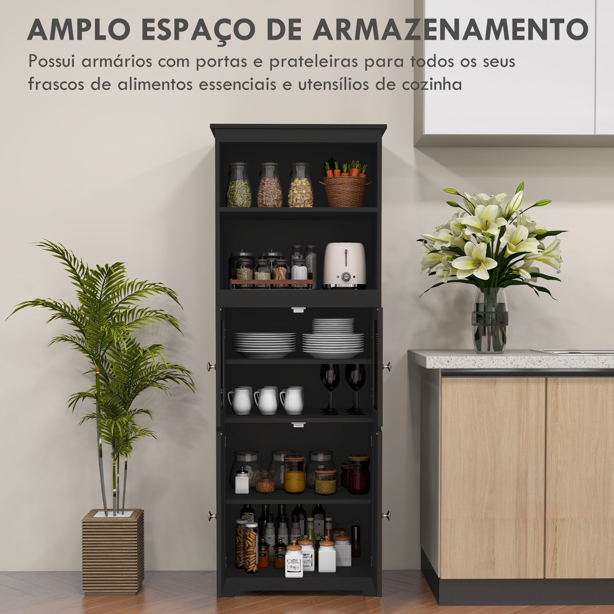 Armário de Cozinha com Portas de Vidro Temperado 60x30x162 cm - Preto