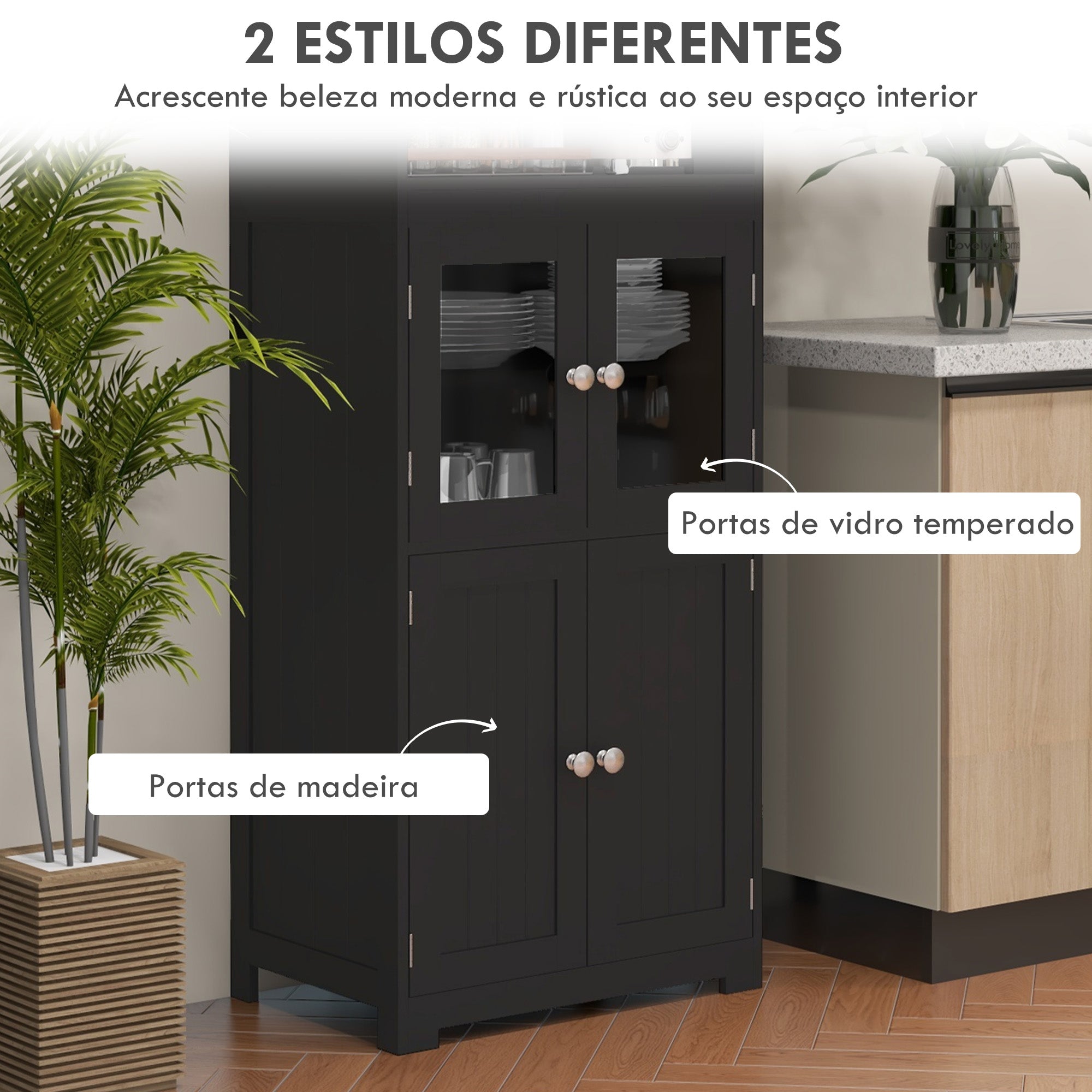 Armário de Cozinha com Portas de Vidro Temperado 60x30x162 cm - Preto