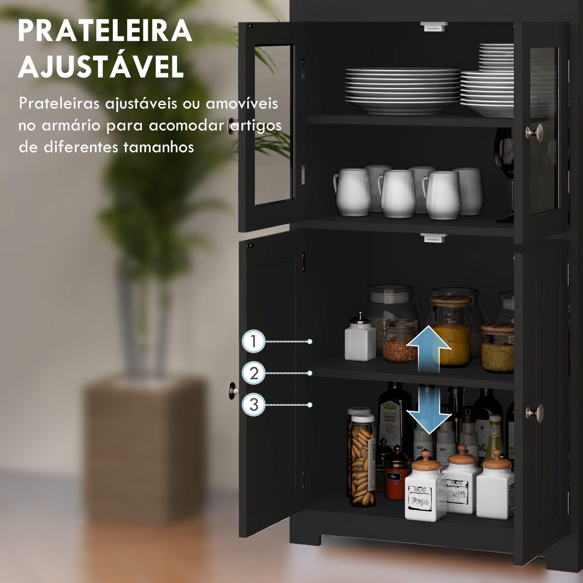 Armário de Cozinha com Portas de Vidro Temperado 60x30x162 cm - Preto