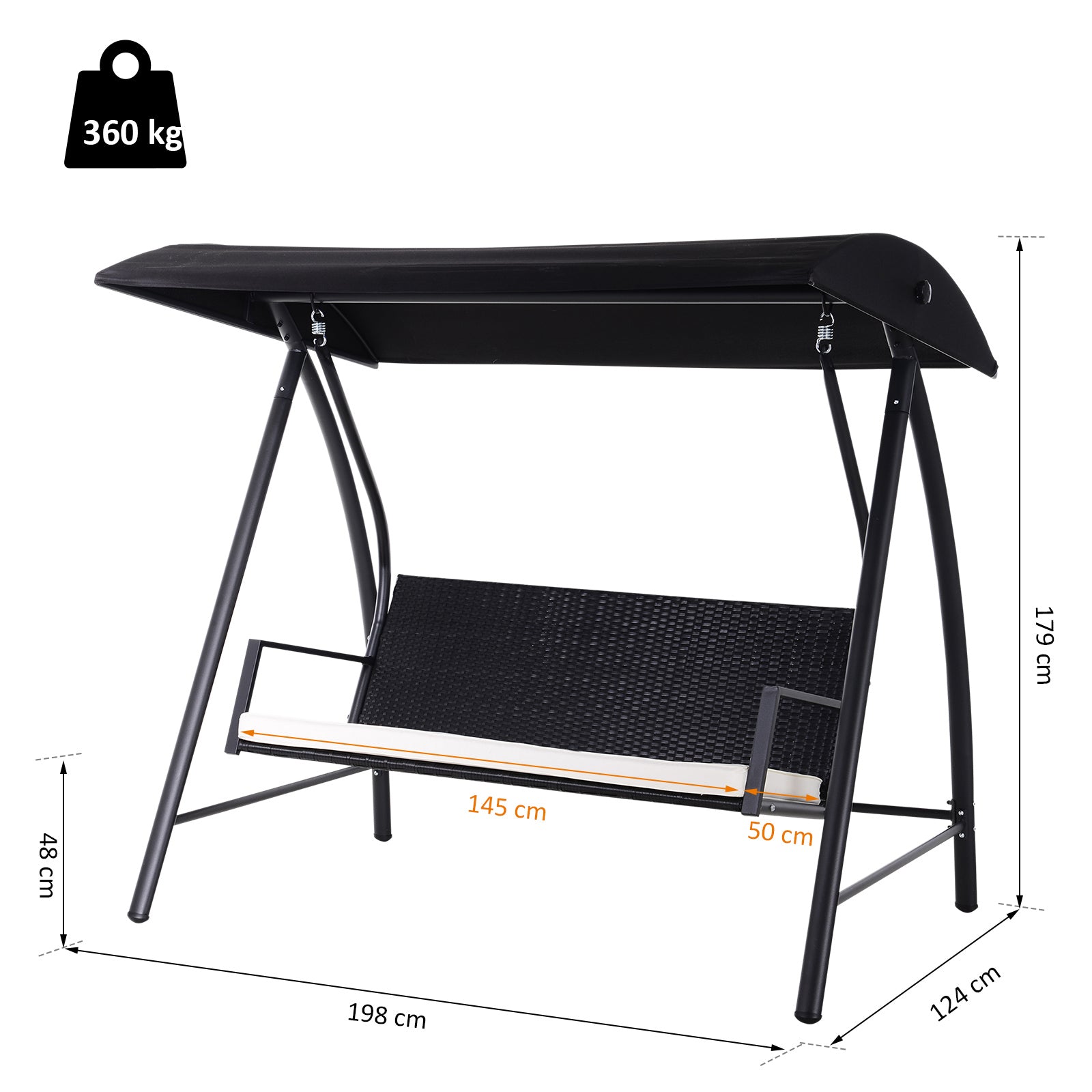 Baloiço de Jardim Vime PE Preto 198x124x179cm