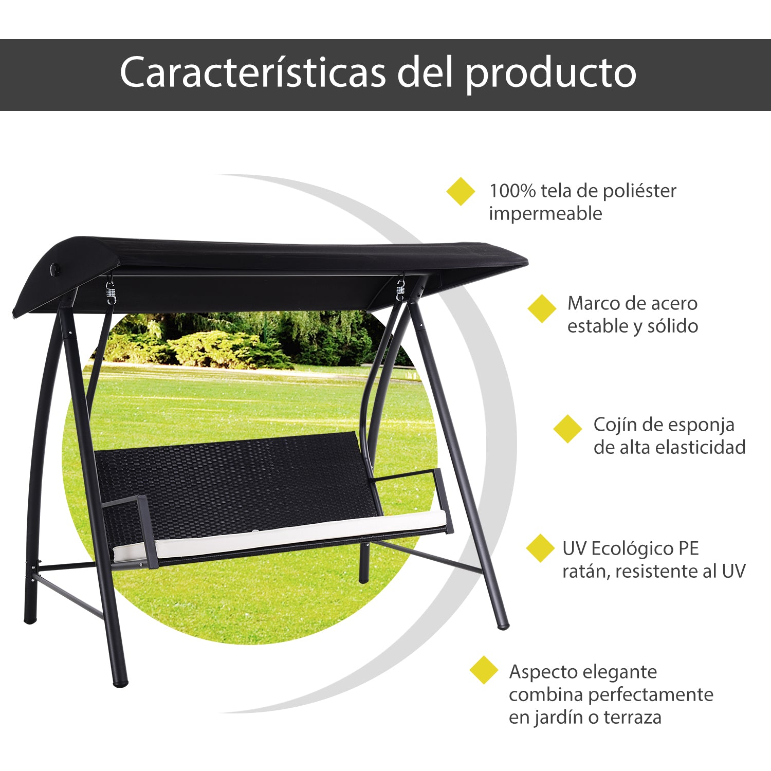 Baloiço de Jardim Vime PE Preto 198x124x179cm