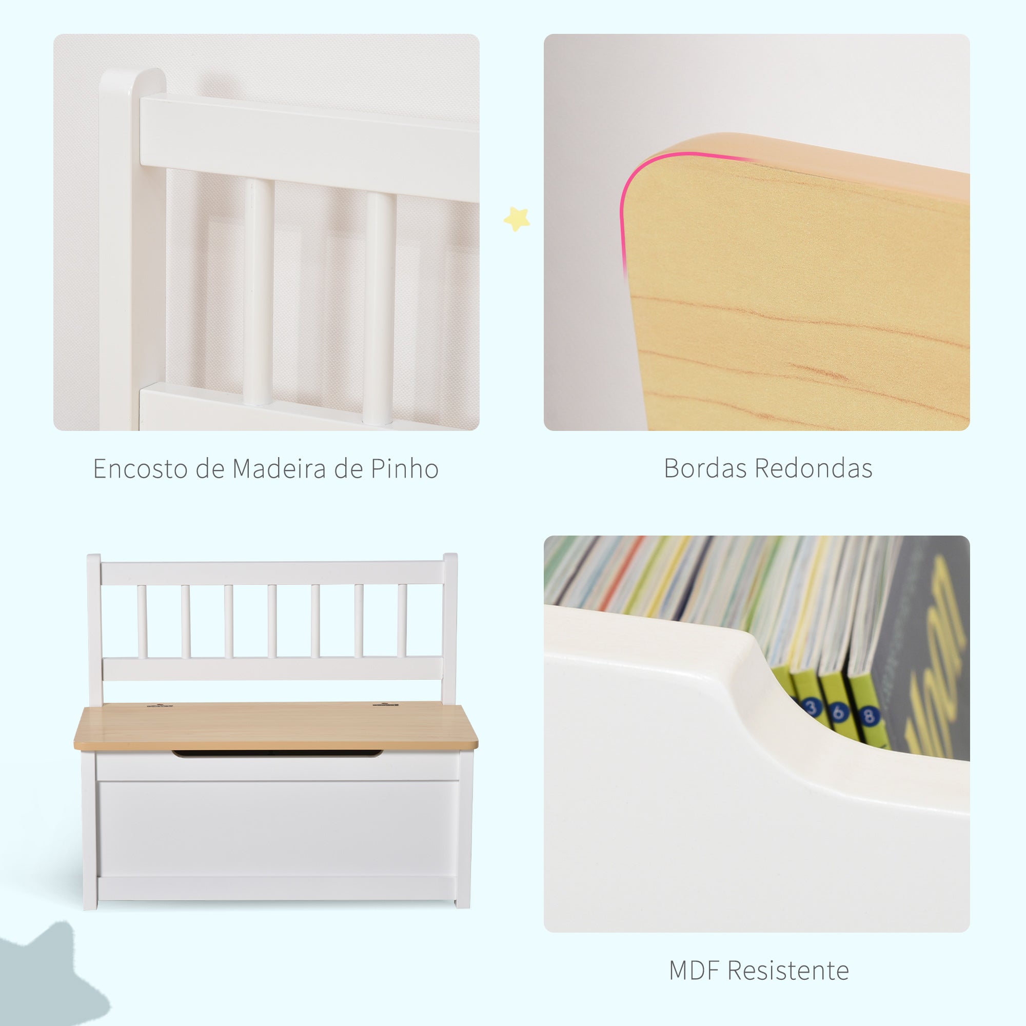 Baú de Brinquedos para Crianças 60x30x50cm Branco - Banco de Armazenamento Infantil