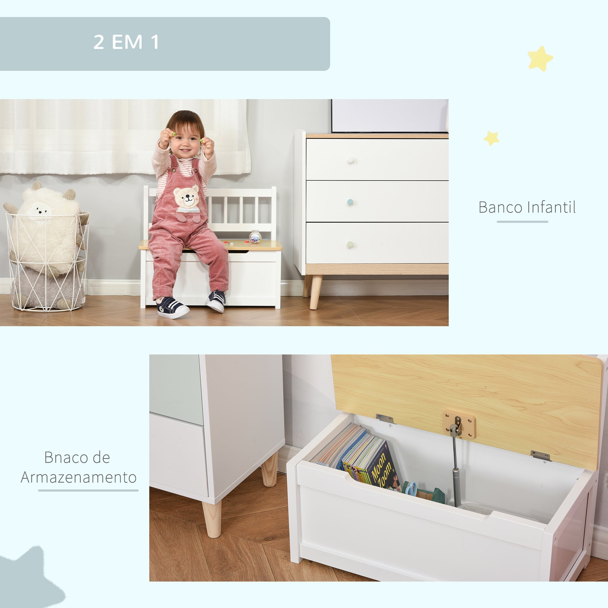 Baú de Brinquedos para Crianças 60x30x50cm Branco - Banco de Armazenamento Infantil