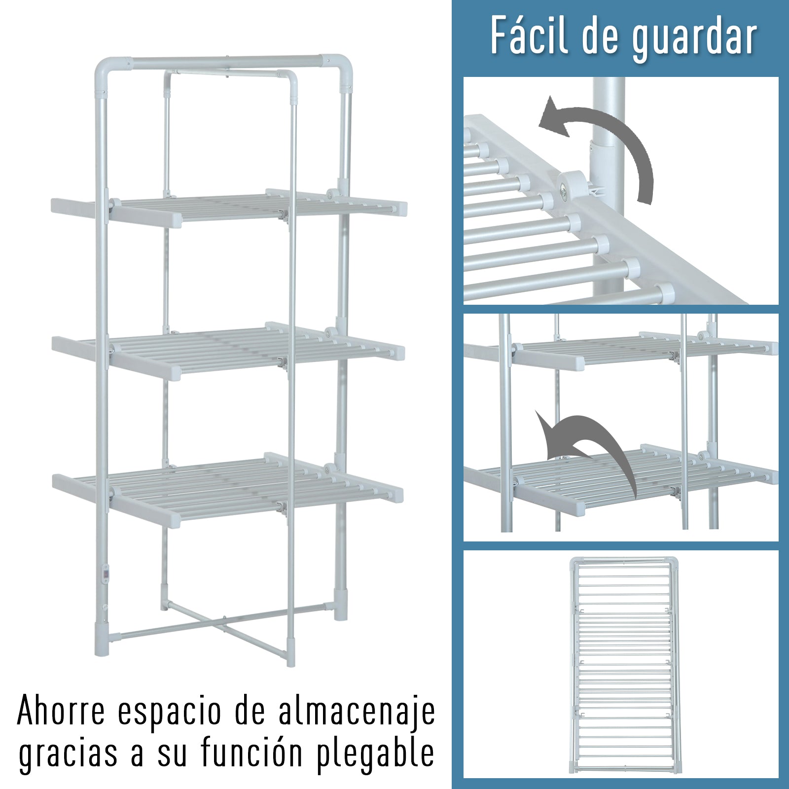 Varal Elétrico Dobrável 3 Níveis 30 Barras Alumínio Quente Prata 73x67x144cm