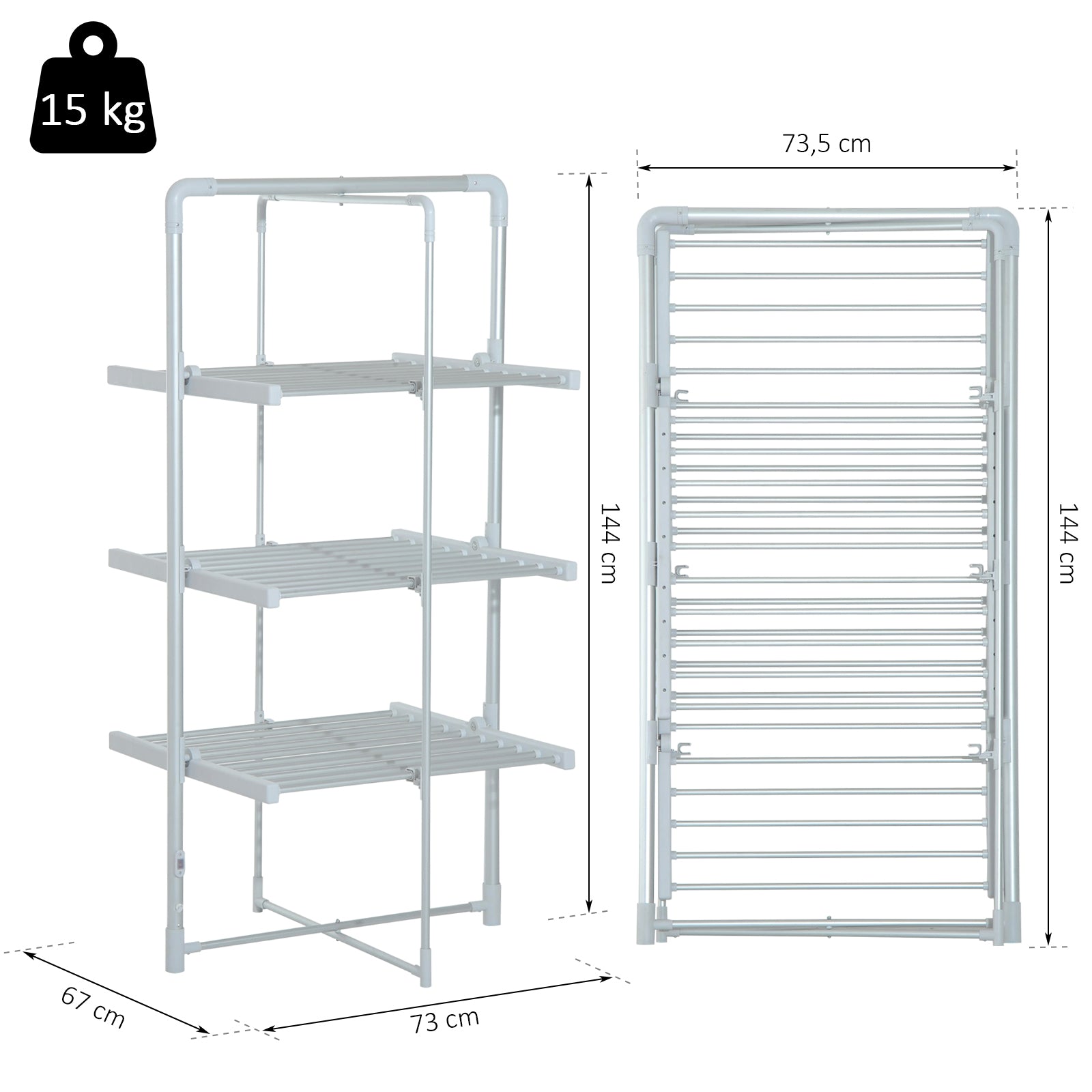 Varal Elétrico Dobrável 3 Níveis 30 Barras Alumínio Quente Prata 73x67x144cm