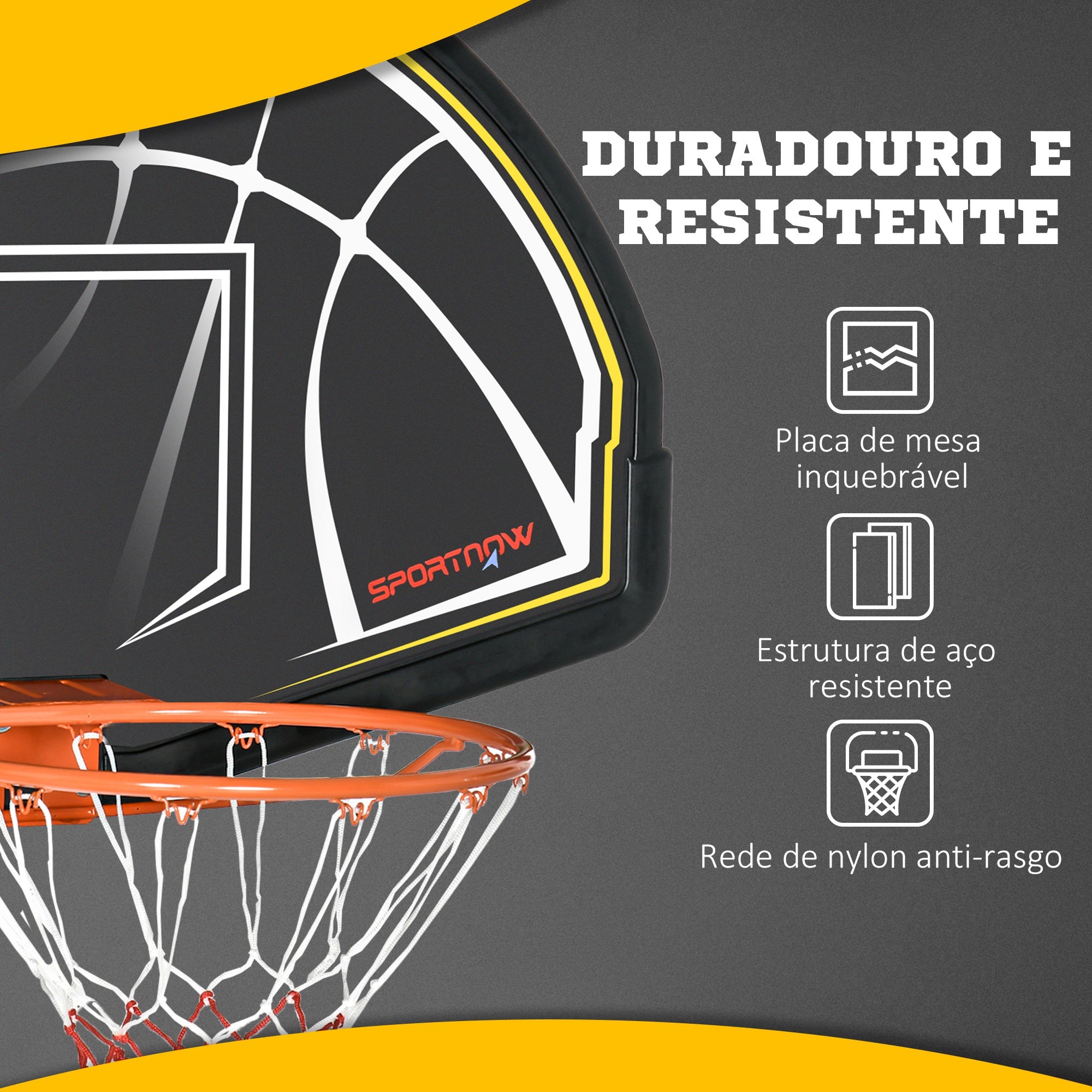Tabela de Basquetebol de Parede – 110x90x70 cm – Cor Preto – Aço e PE