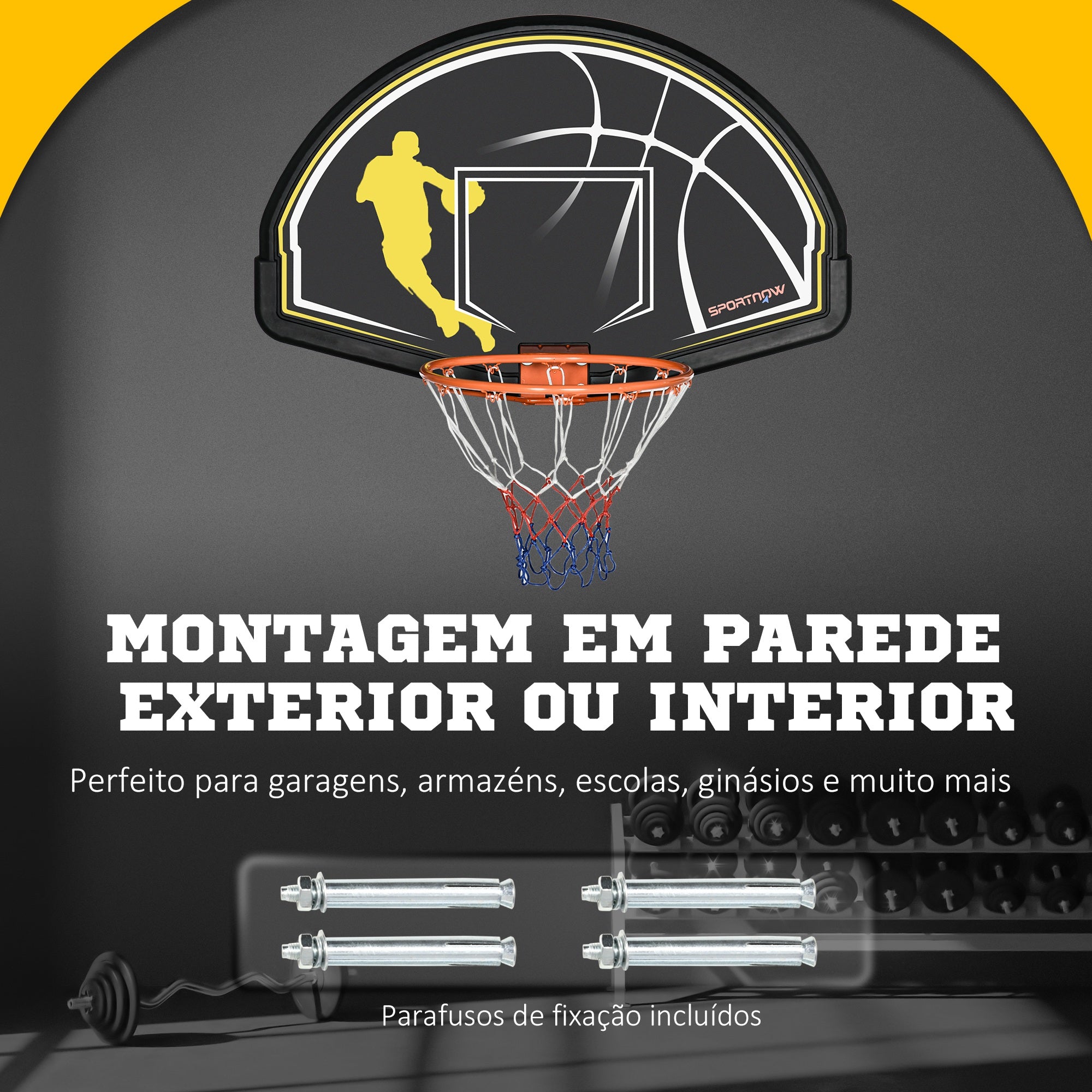 Tabela de Basquetebol de Parede – 110x90x70 cm – Cor Preto – Aço e PE