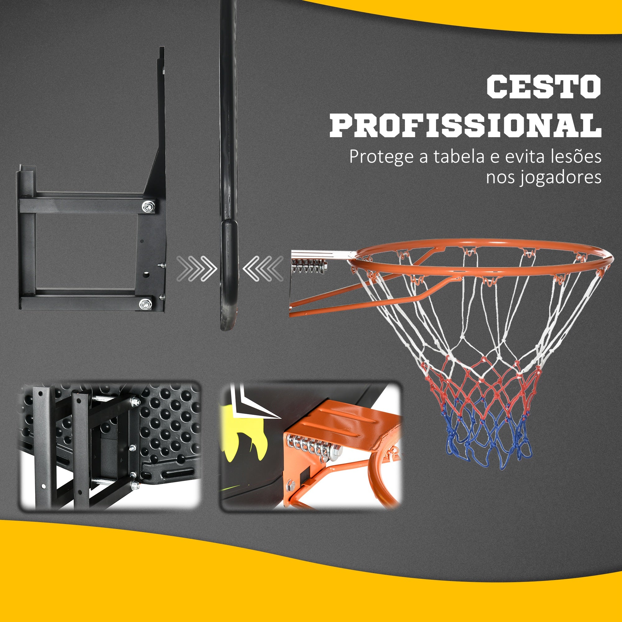 Tabela de Basquetebol de Parede – 110x90x70 cm – Cor Preto – Aço e PE