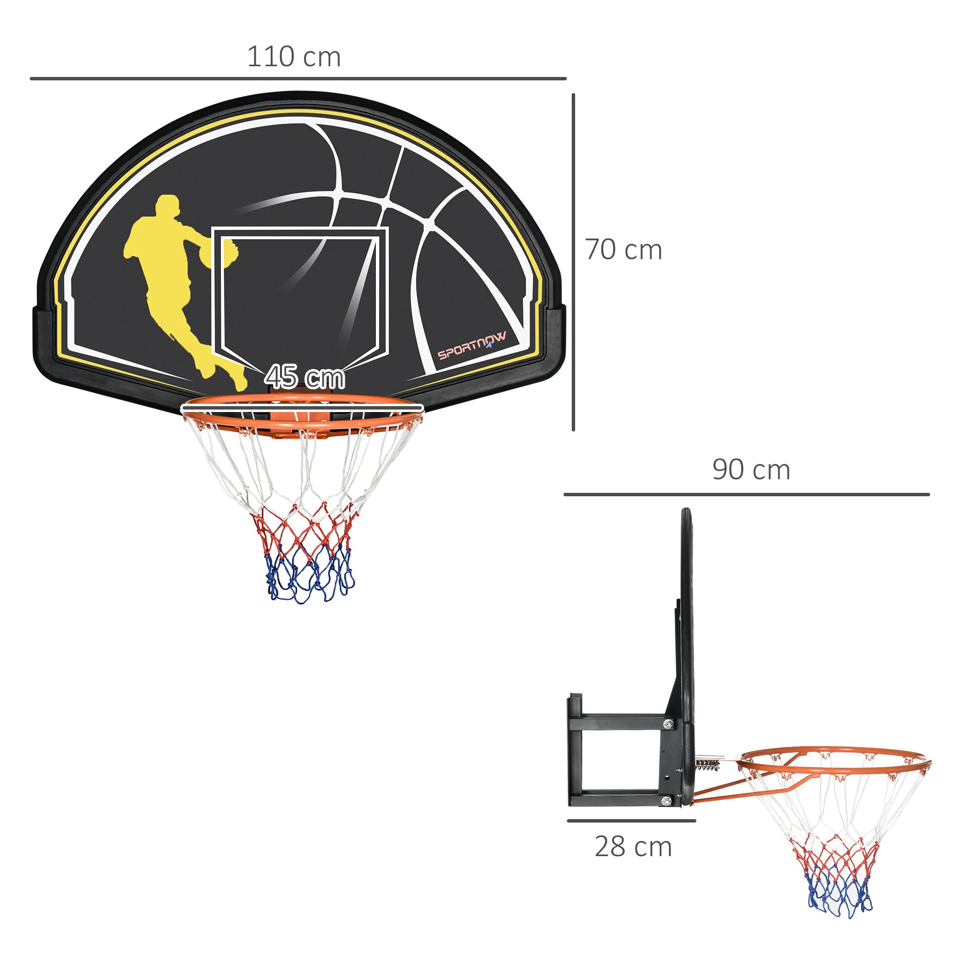 Tabela de Basquetebol de Parede – 110x90x70 cm – Cor Preto – Aço e PE