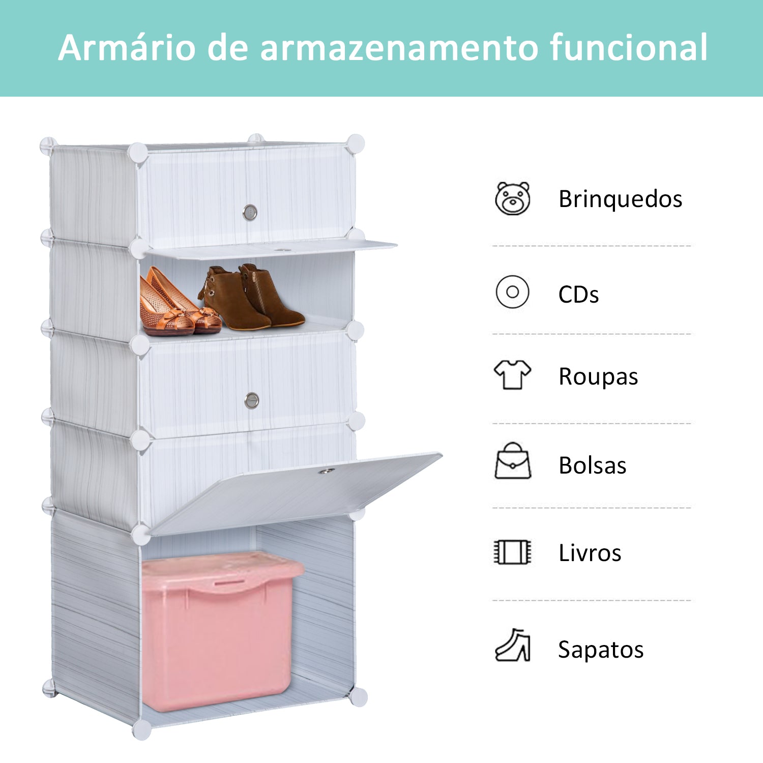 Armário Modular Plástico Estante 5 Baldes 49x37x108 cm - Branco e Cinza