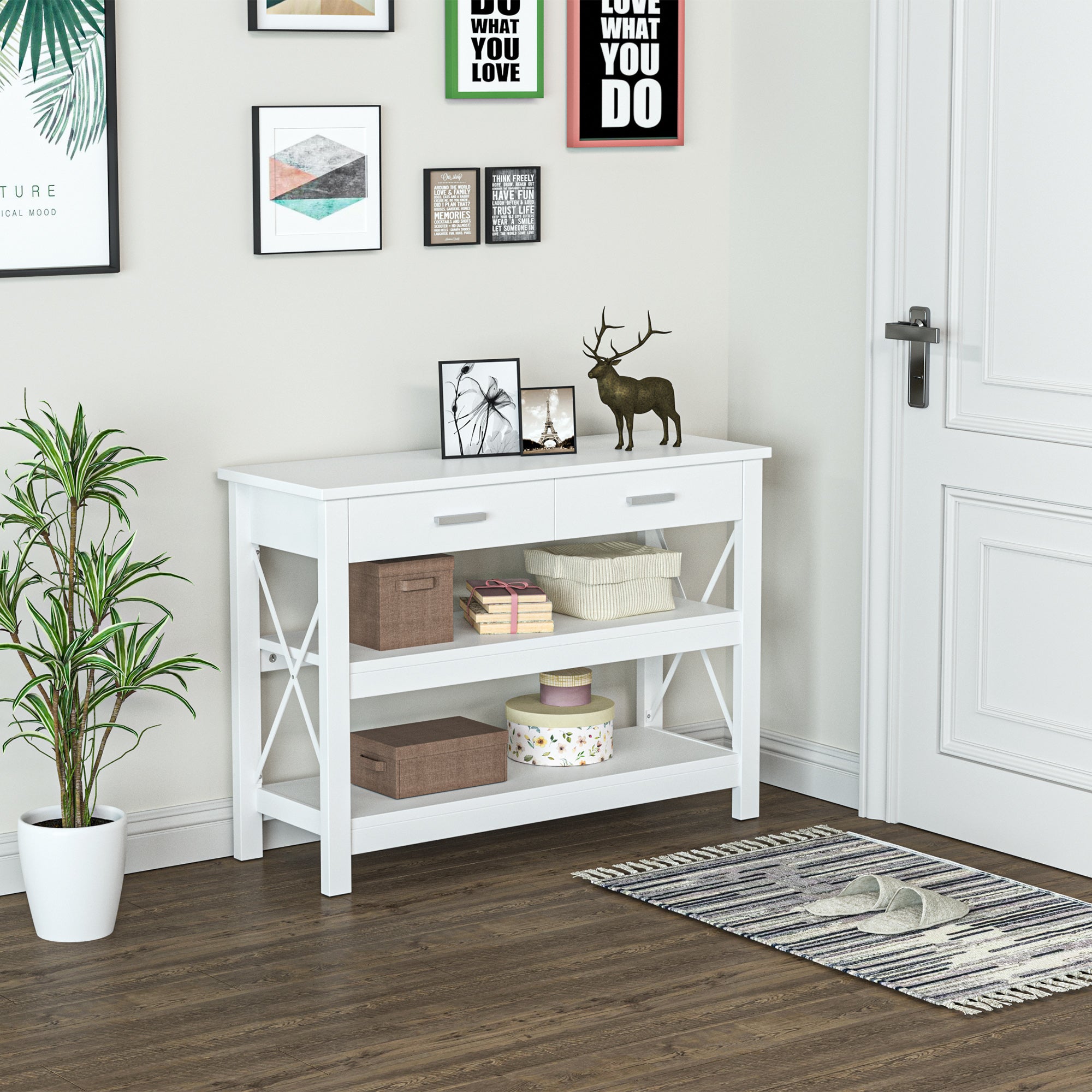 Mesa de Console Moderna com 2 Gavetas e Prateleiras 105x40x76 cm - Branco