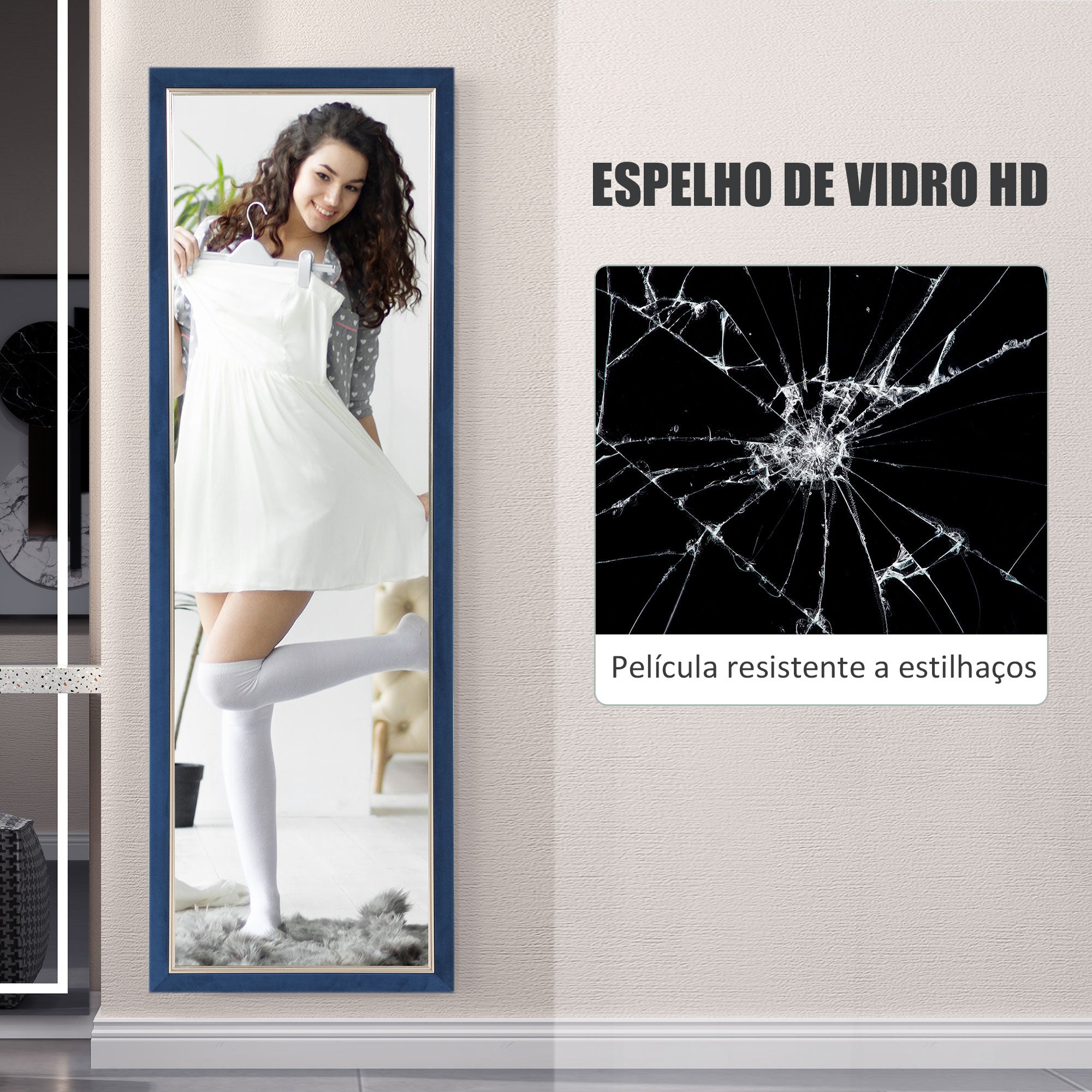 Espelho de Pé 50x150 cm Azul em Veludo
