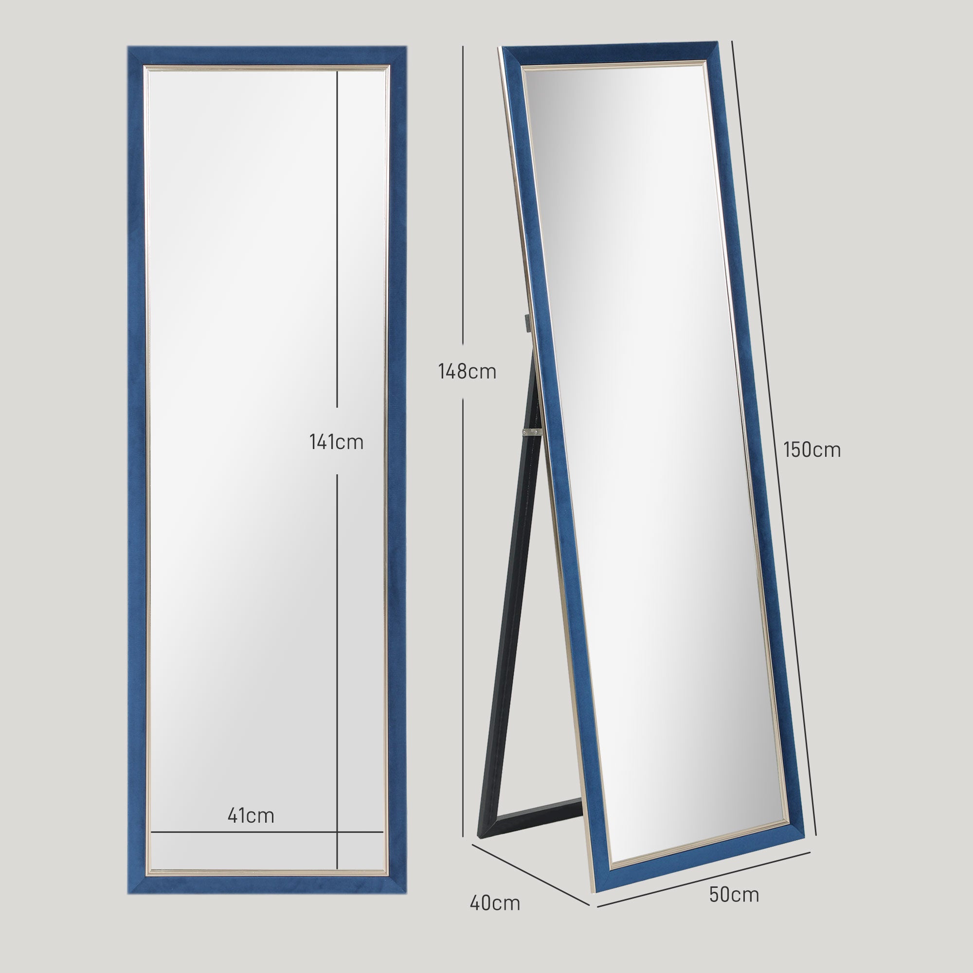 Espelho de Pé 50x150 cm Azul em Veludo