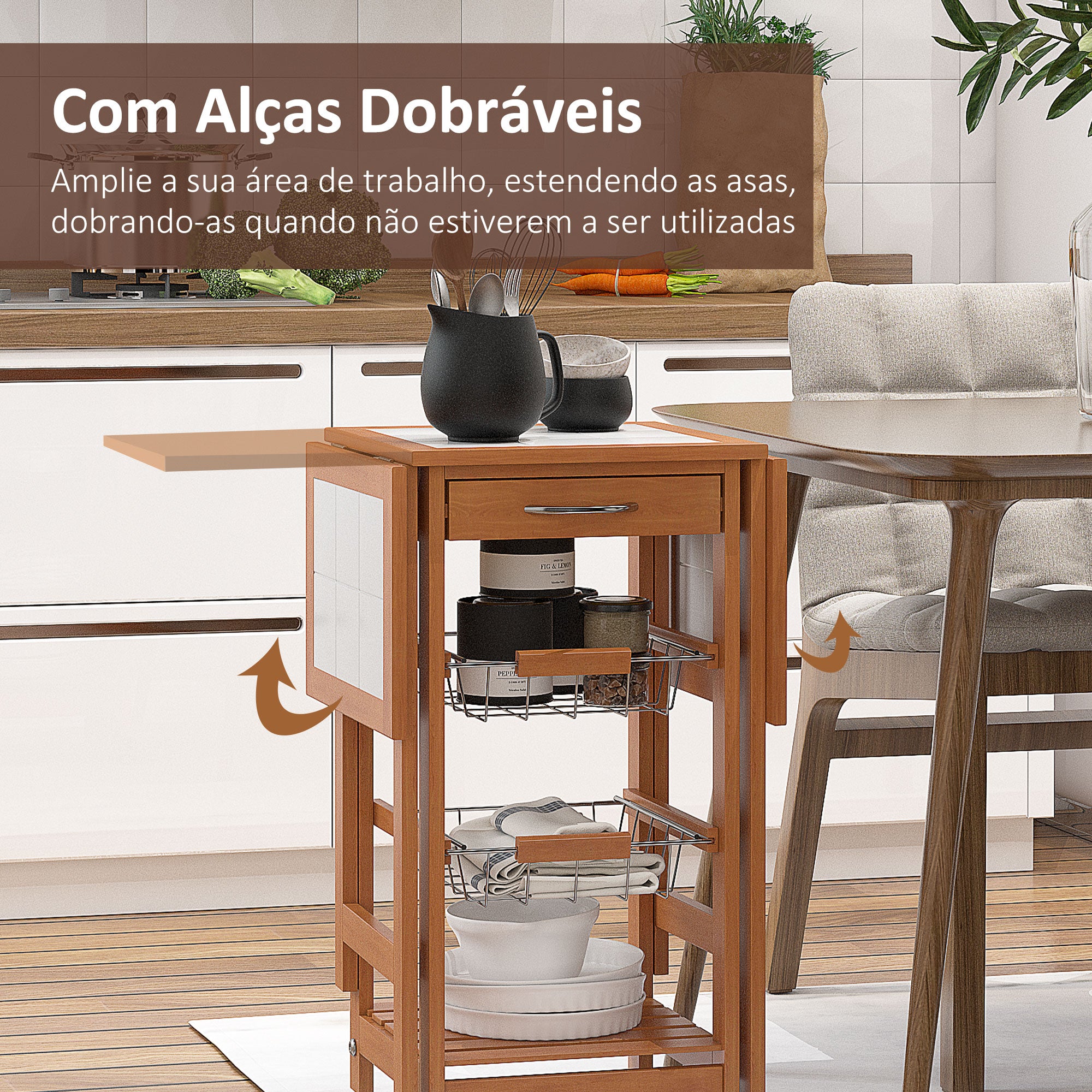 Carrinho de Cozinha Dobrável 6 Rodas 1 Gaveta 2 Cestos 91x37x75cm Cor de Madeira Natural