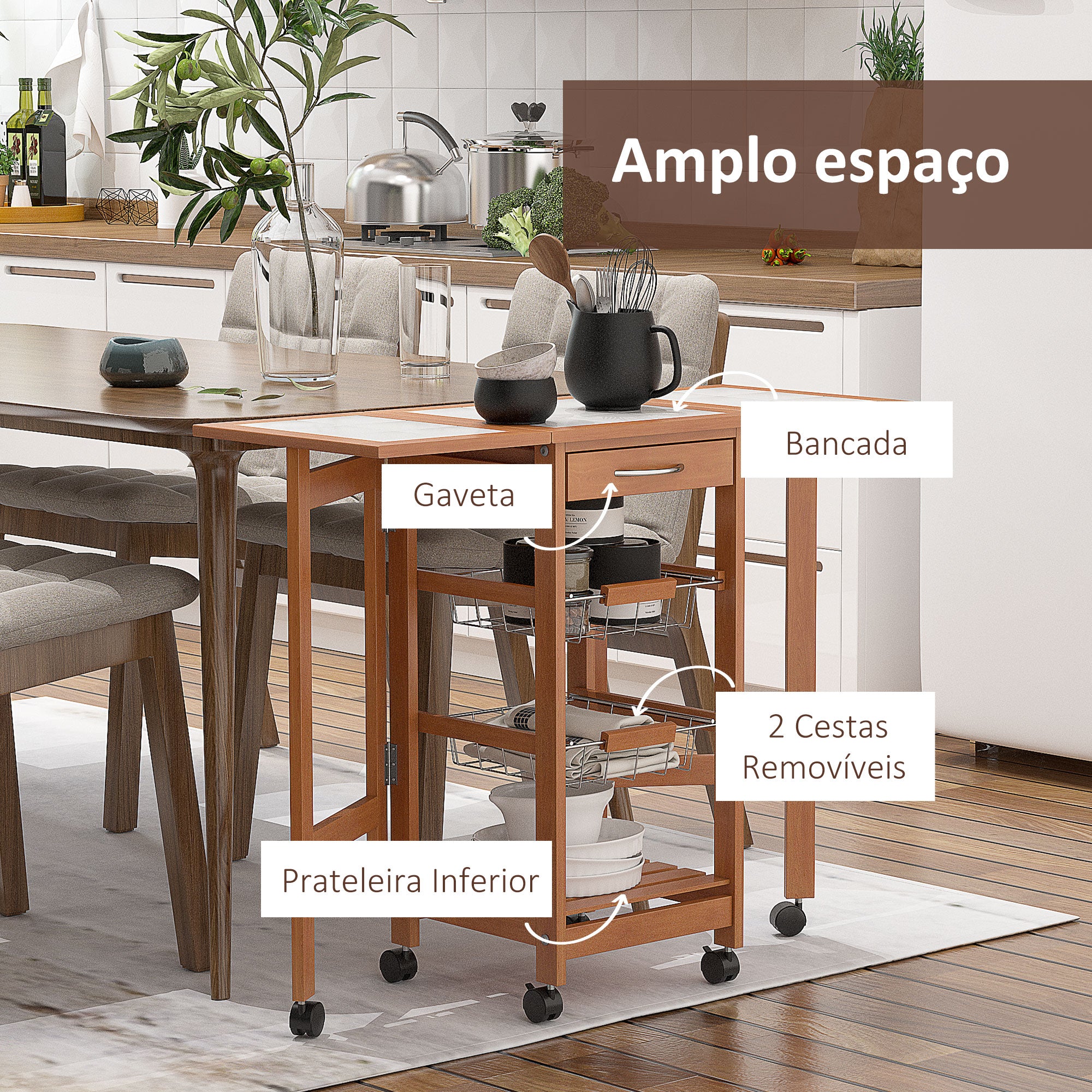 Carrinho de Cozinha Dobrável 6 Rodas 1 Gaveta 2 Cestos 91x37x75cm Cor de Madeira Natural