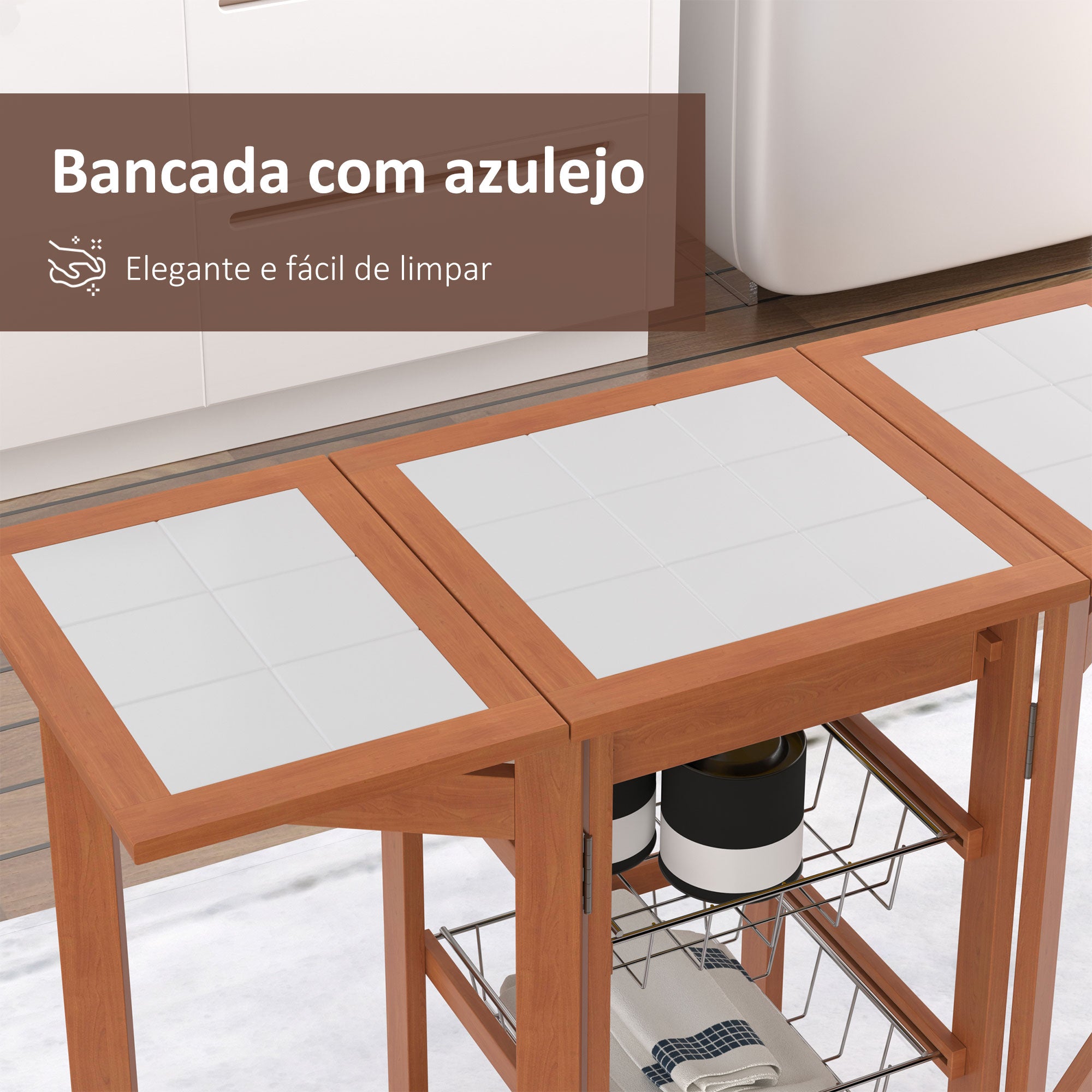 Carrinho de Cozinha Dobrável 6 Rodas 1 Gaveta 2 Cestos 91x37x75cm Cor de Madeira Natural
