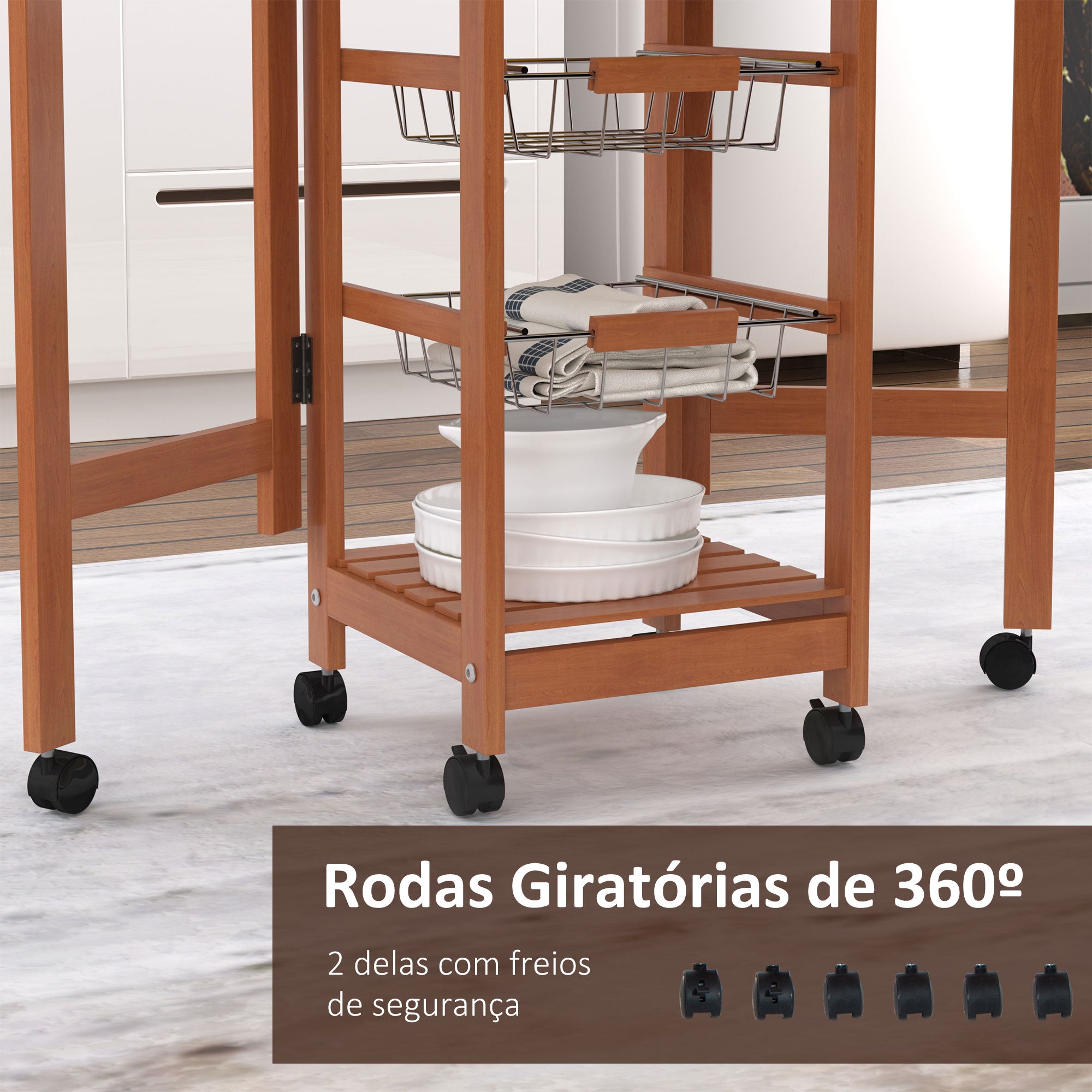 Carrinho de Cozinha Dobrável 6 Rodas 1 Gaveta 2 Cestos 91x37x75cm Cor de Madeira Natural
